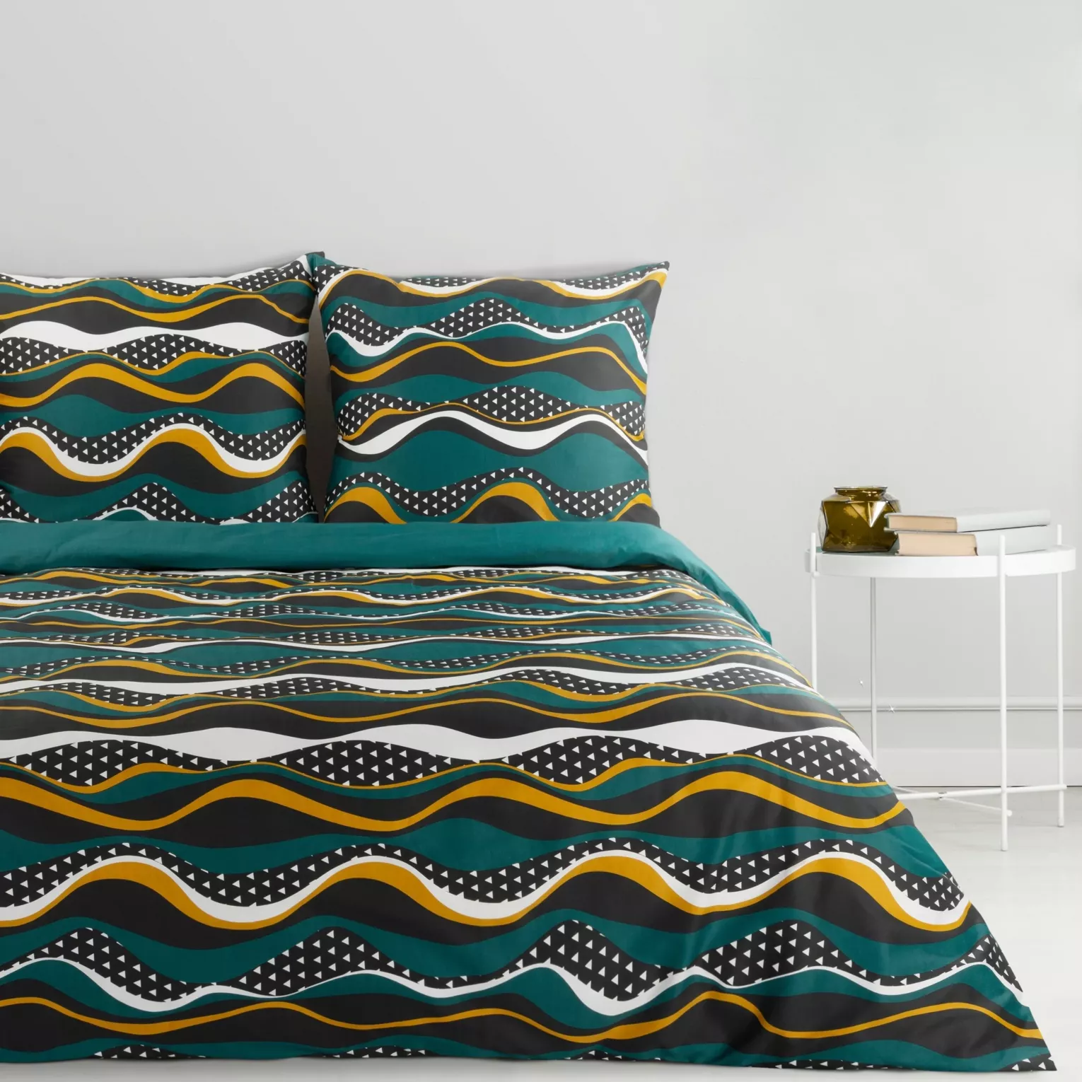 Pościel bawełniana 220x200 cm komplet 3 częściowy kolor ciemnoturkusowy, musztardowy z wzorem geometrycznym NIKA 50 Eurofirany