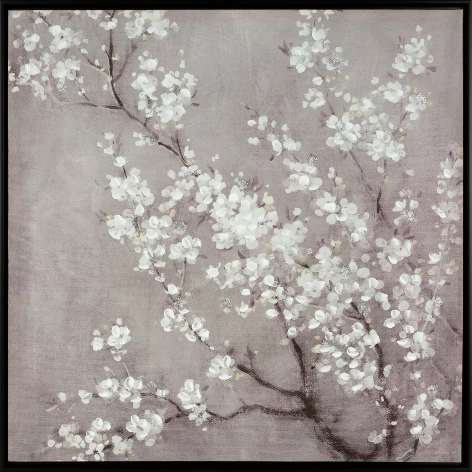 Obraz kwiatowy beżowy ręcznie malowany na płótnie kwitnąca gałąź w czarnej ramie 60x60 cm BRANCH
