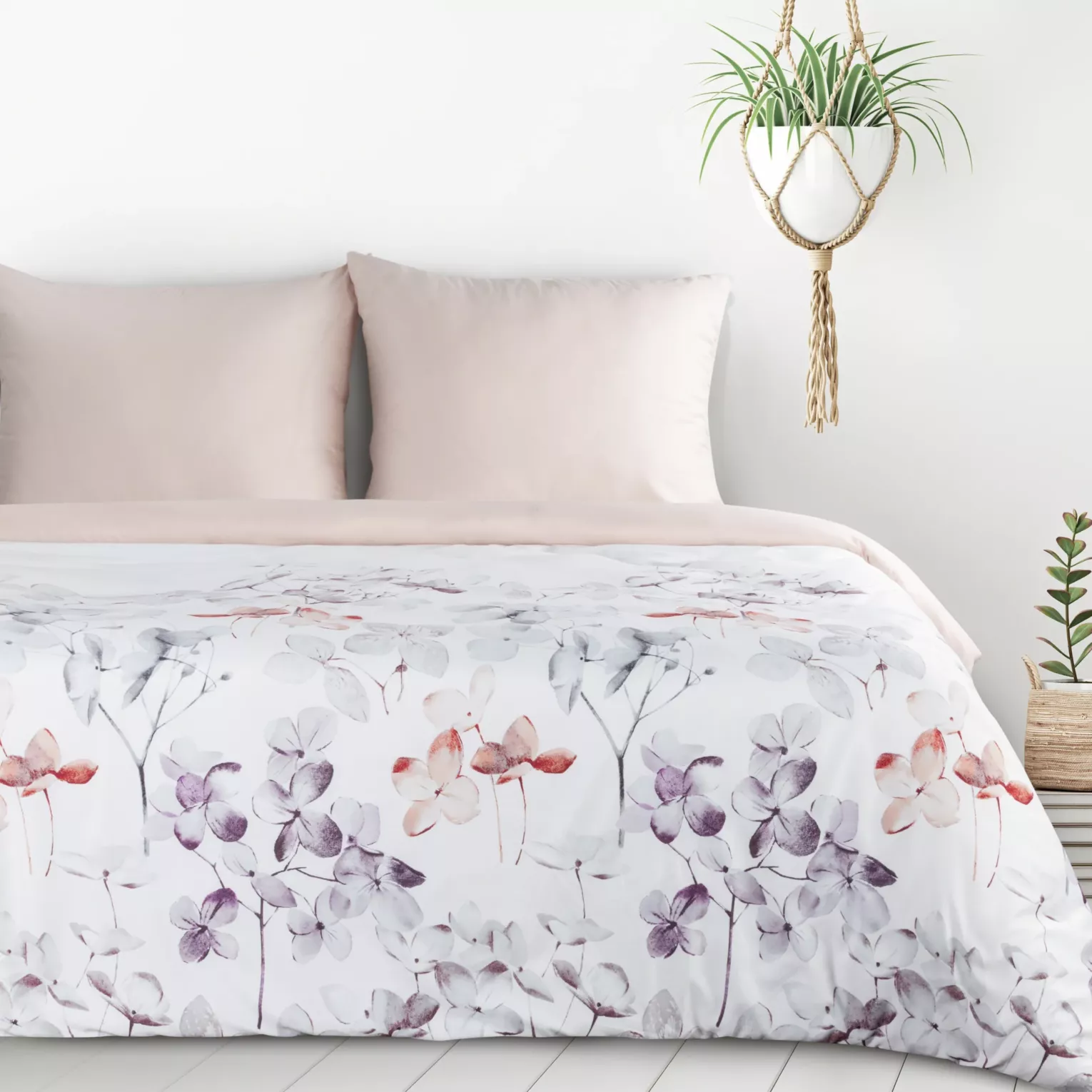 Pościel 140x200 cm komplet 2 częściowy kolor biało, pudrowy z motywem kwiatów VERONO7 design 91 Eurofirany