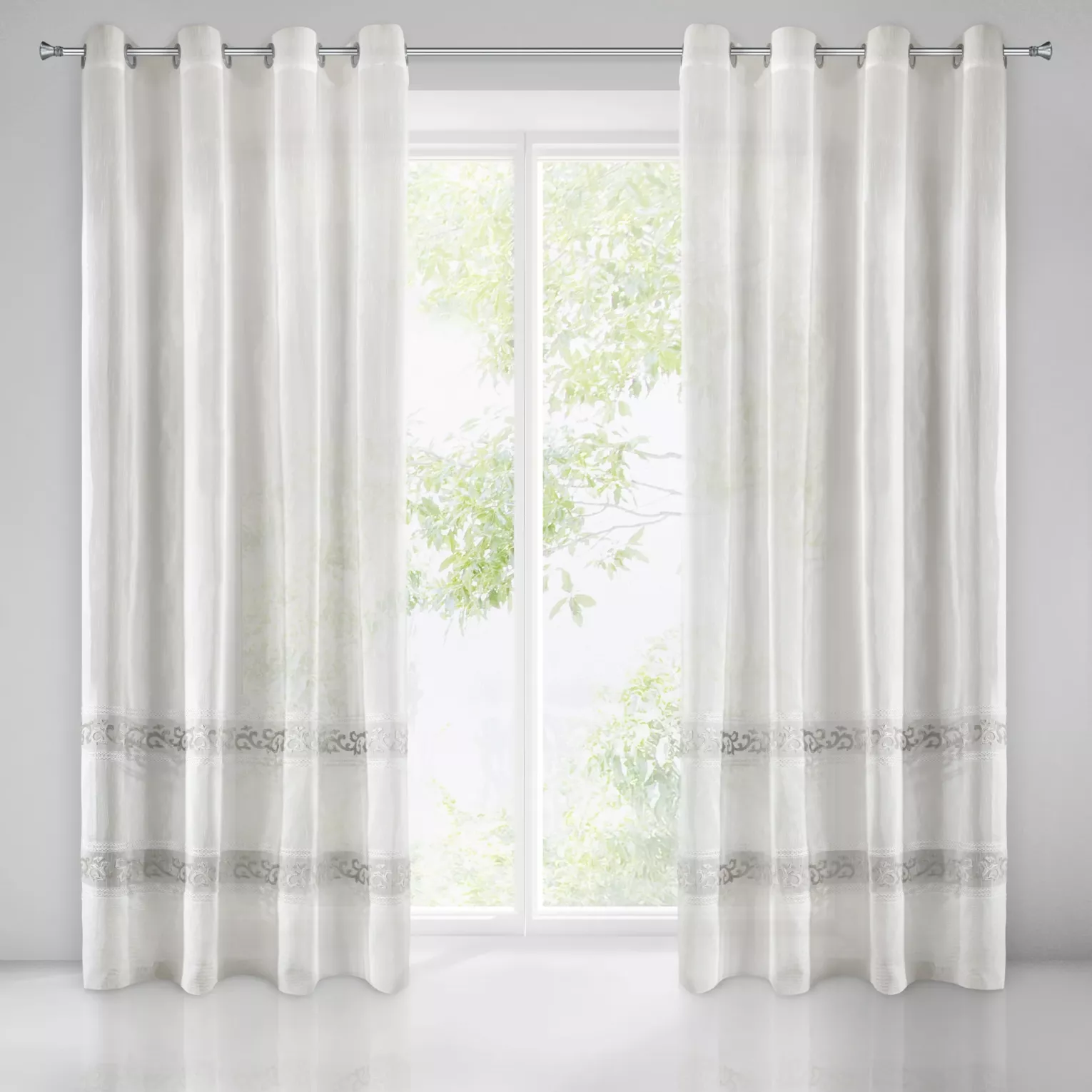 Firana biało, szara zdobiona mereżką, ornamentowym wzorem z welwetu 140x270 cm przelotka ANNE DIVA LINE Eurofirany
