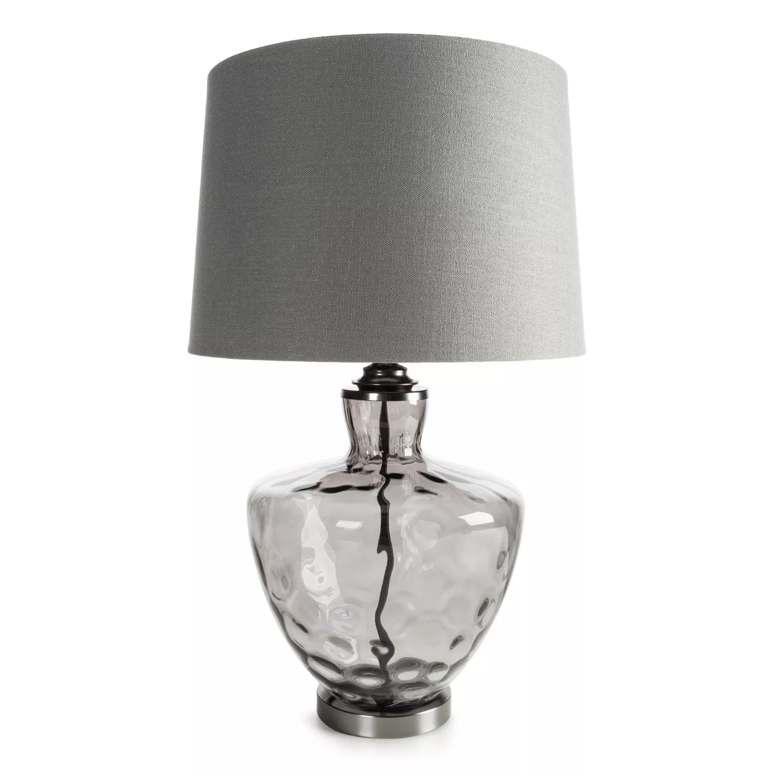 Lampa stołowa do pokoju srebrna z lekko dymionego szkła i matowym abażurem 30 x 74 cm ADELINE Eurofirany