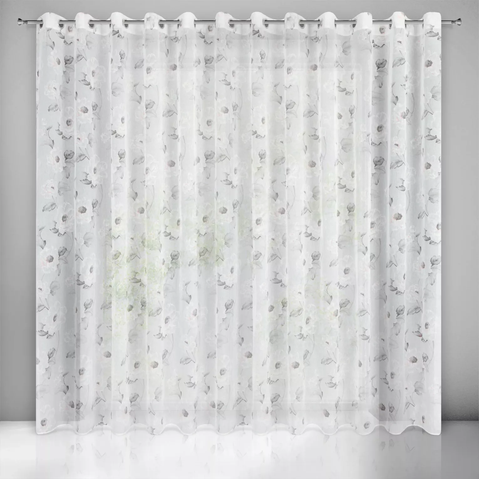 Firana biało, różowa z matowej etaminy z kwiatowym motywem 350x250 cm przelotka BESSY Eurofirany