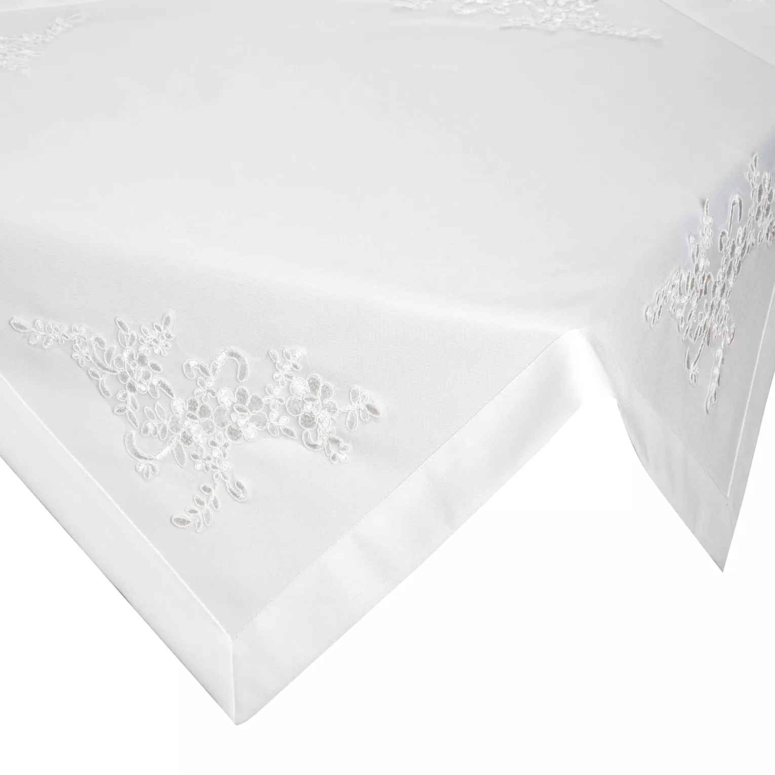 Bieżnik na stół biały 85x85 cm BARI obszyty szeroką kantą i zdobiony koronkową aplikacją EUROFIRANY PREMIUM