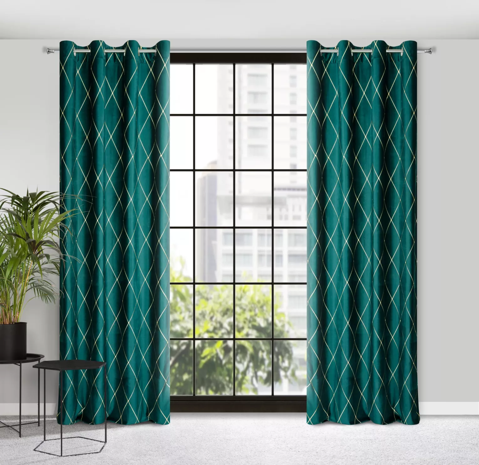 Zasłona turkusowo, złota haftowana w duże karo z tkaniny welwetowej 140x250 cm przelotka MARGO Pierre Cardin Eurofirany