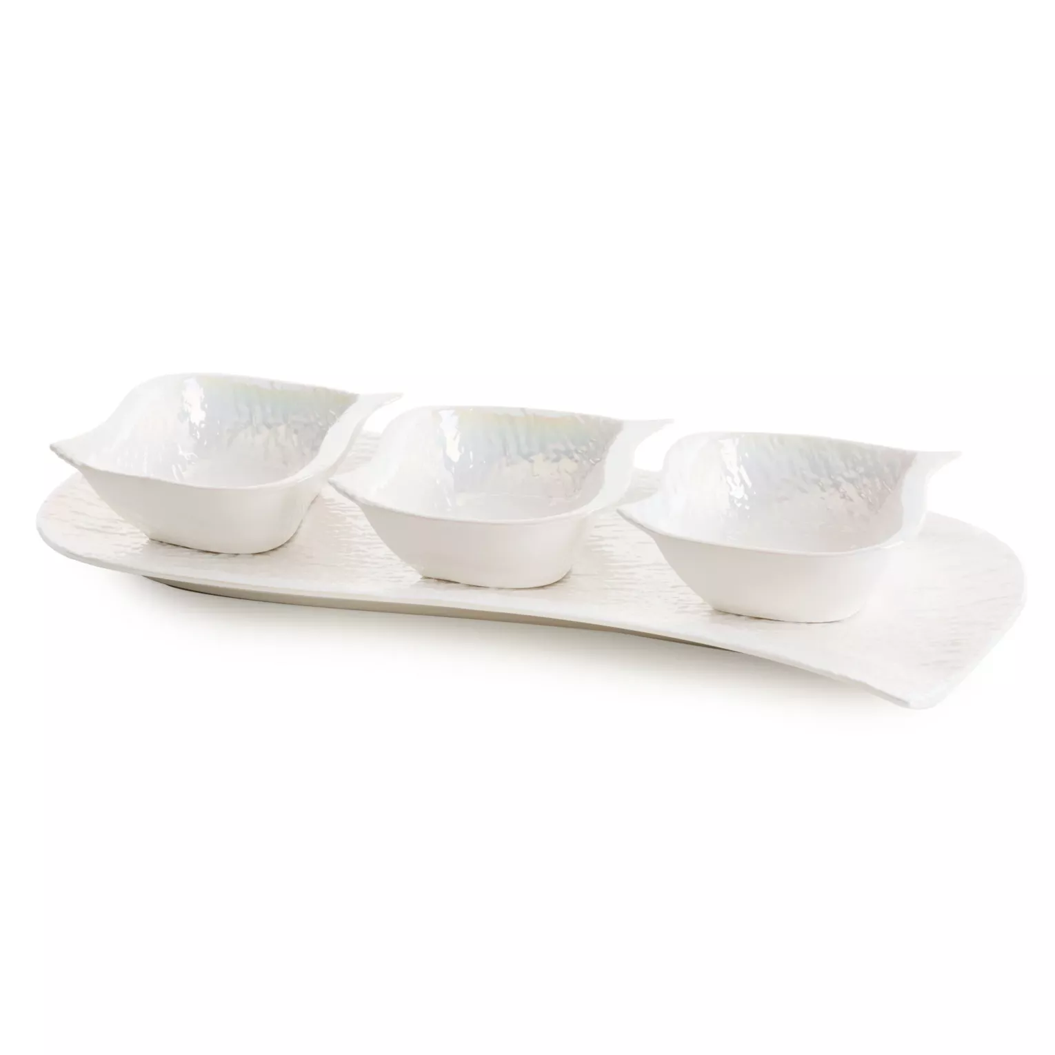 Patera ceramiczna dekoracyjna perłowa komplet z trzema miseczkami z wypukłym wzorem 18x41x6,5 cm NINA Eurofirany