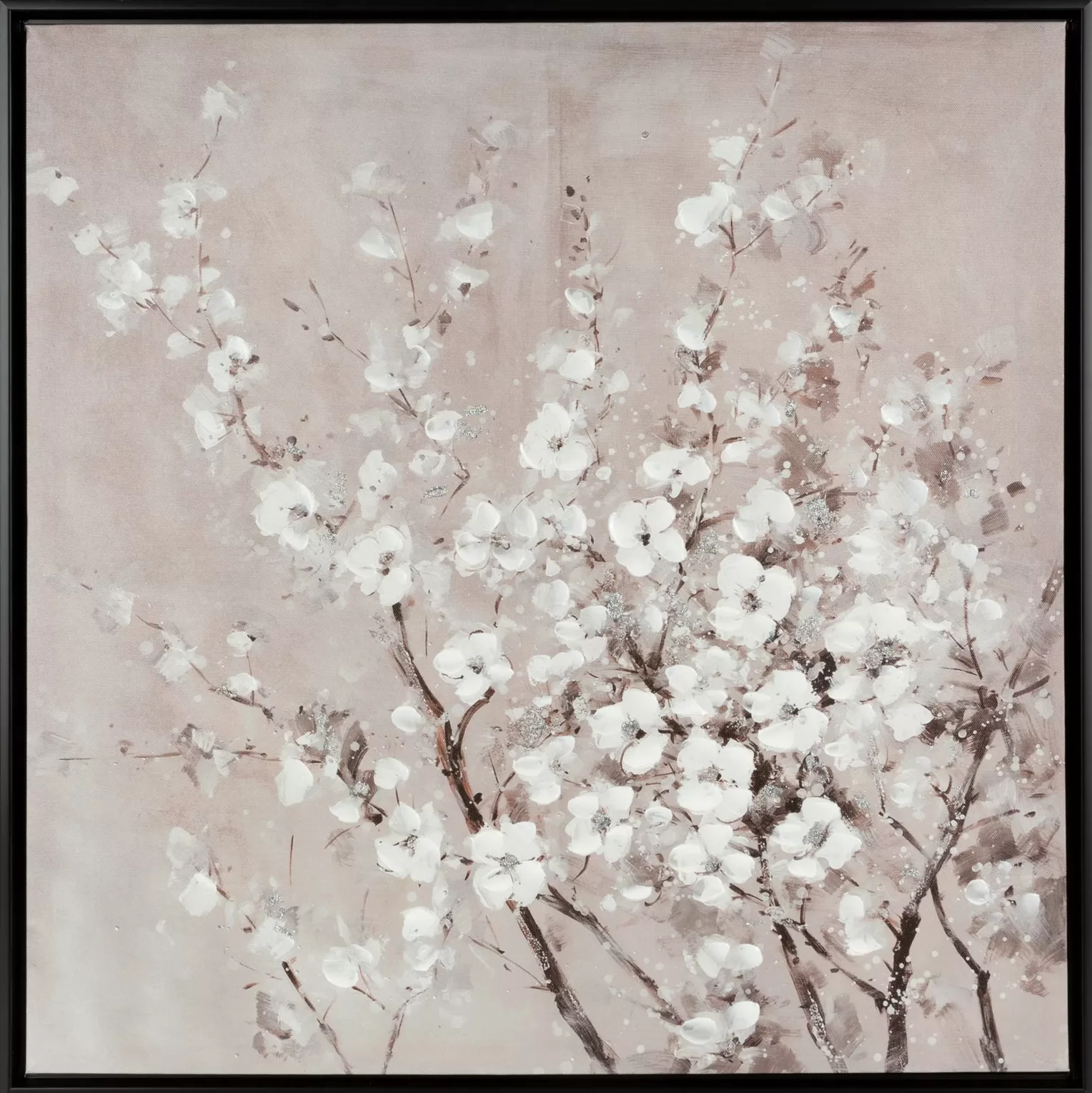 Obraz kwiatowy malowany na płótnie kwitnąca gałąź w czarnej ramie 60x60 cm BRANCH 1  Eurofirany