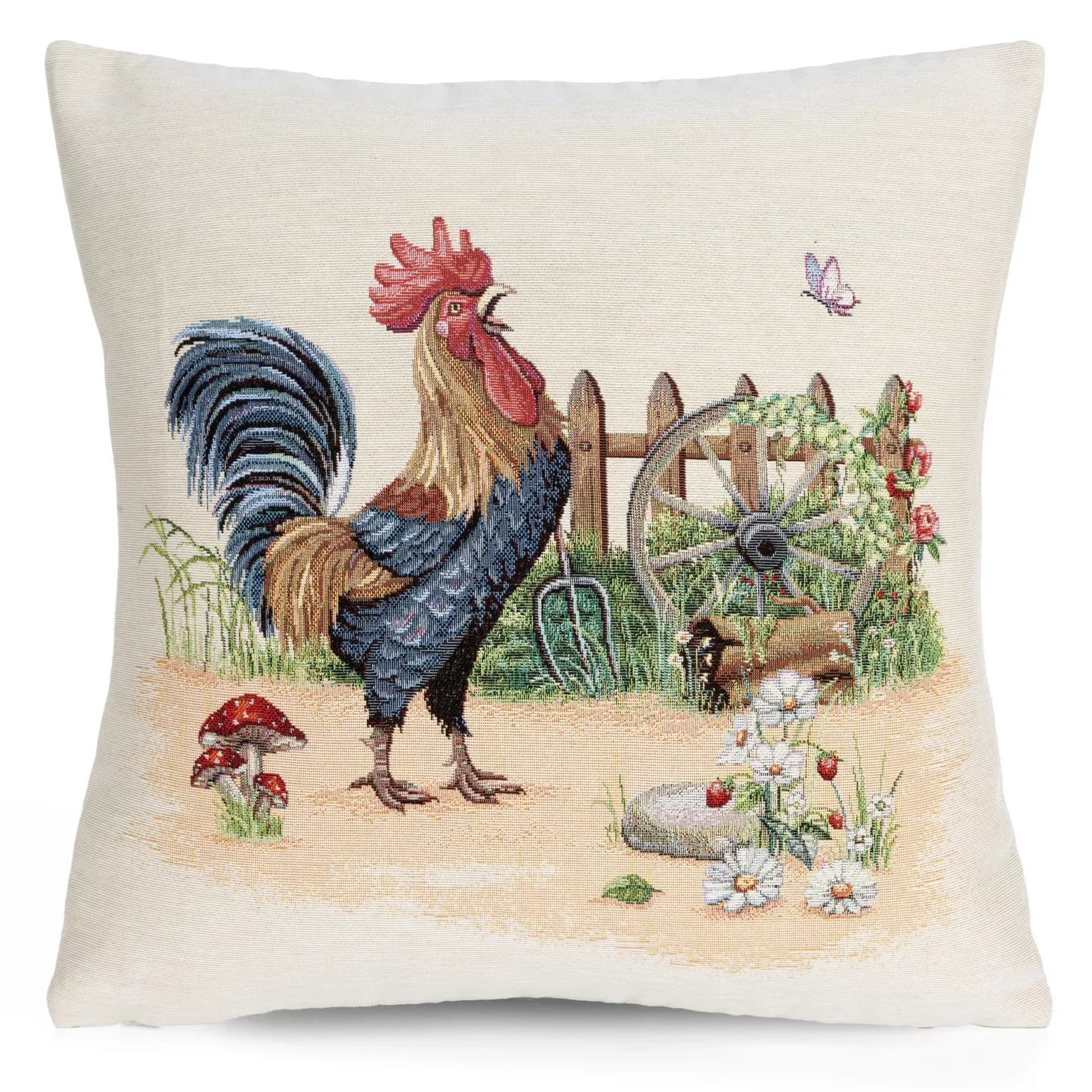 Poszewka na poduszkę 45x45 cm gobelinowa naturalno niebieska z tkanym motywem koguta Eurofirany
