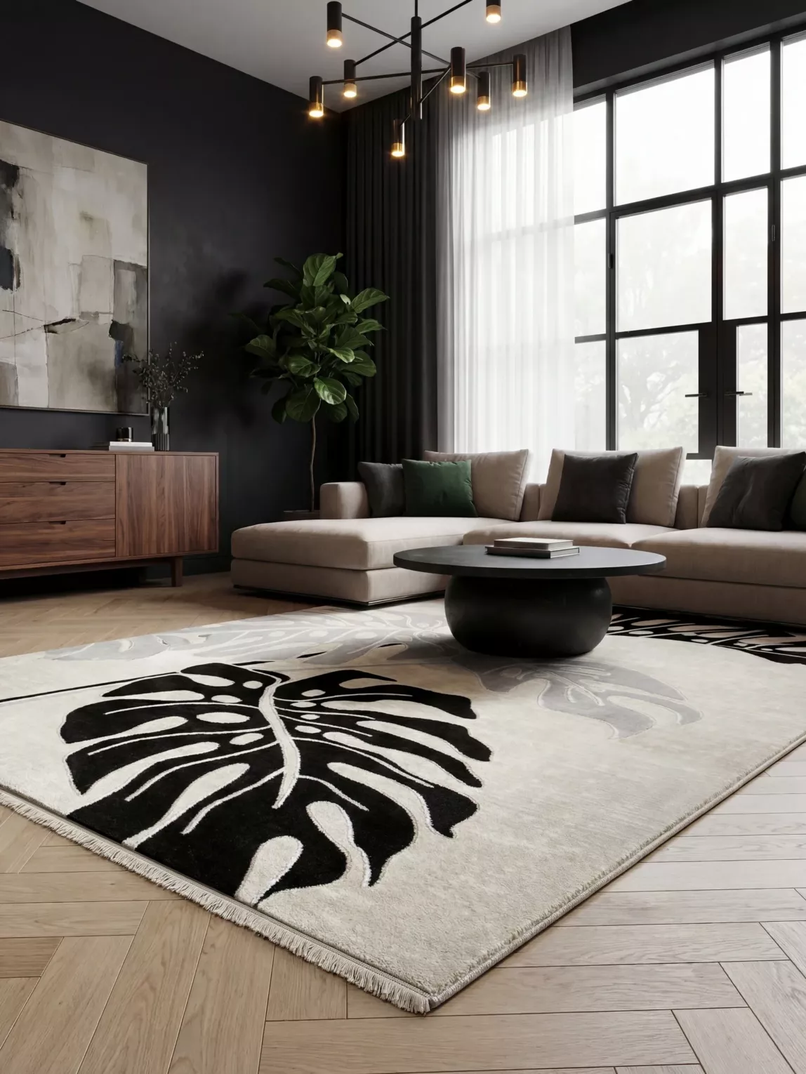 Dywan 80x150 cm kremowo, czarny zdobiony motywem liści monstery AURA1 Eurofirany