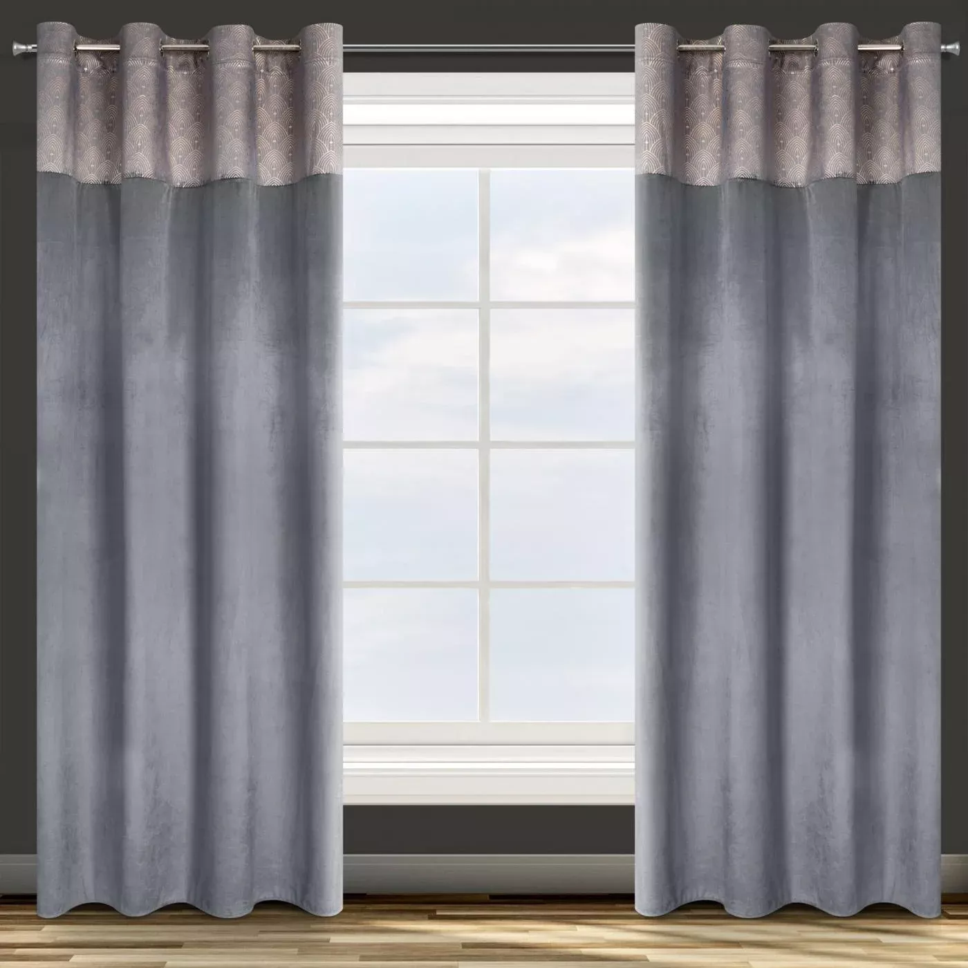Zasłona grafitowa z aplikacją z błyszczącego welwetu 140x250 cm przelotka AGNES Design 91 Eurofirany
