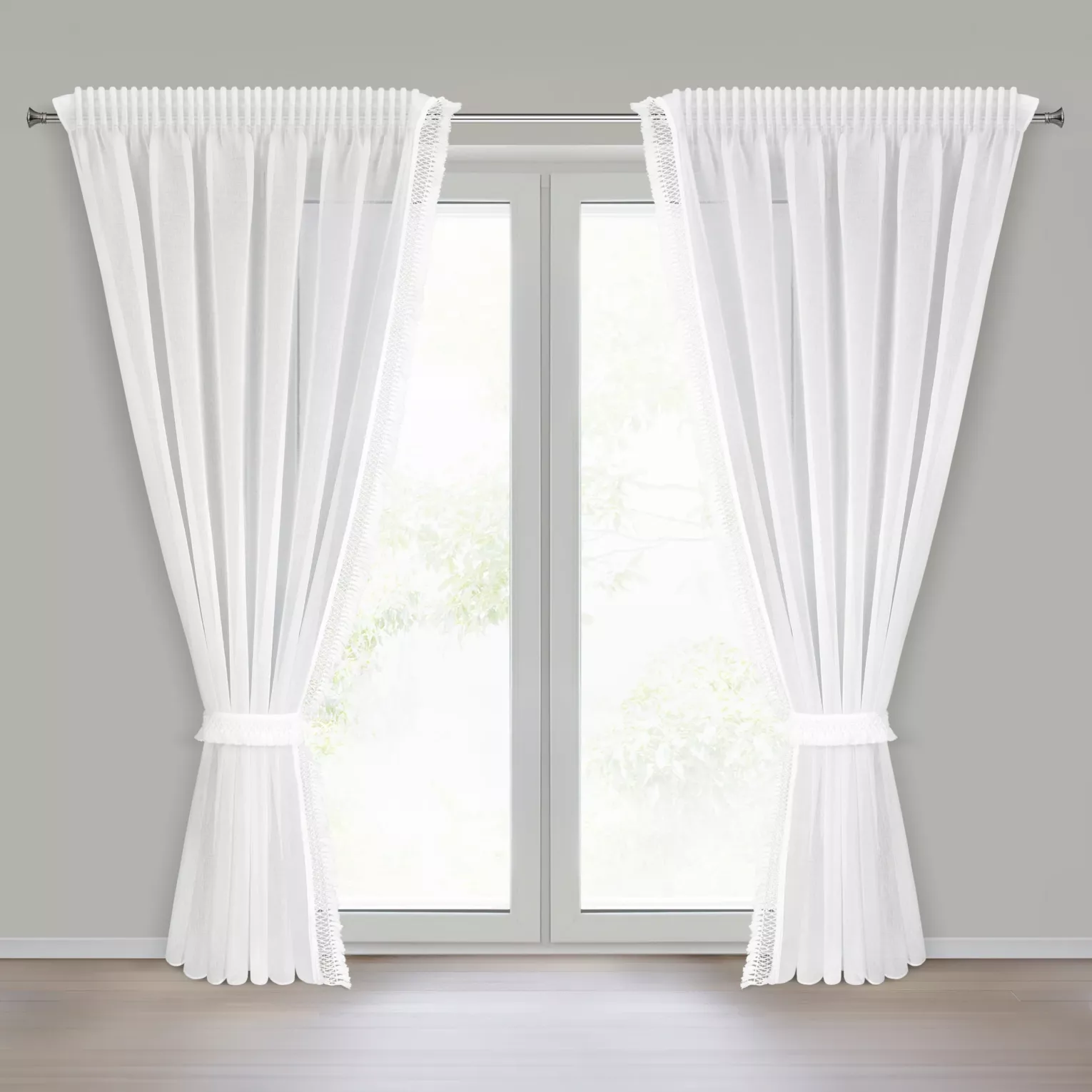Komplet firan białych 2 szt z etaminy zdobionych subtelnymi frędzlami w zestawie troczki 140x270 cm taśma KIRA 3 Eurofirany