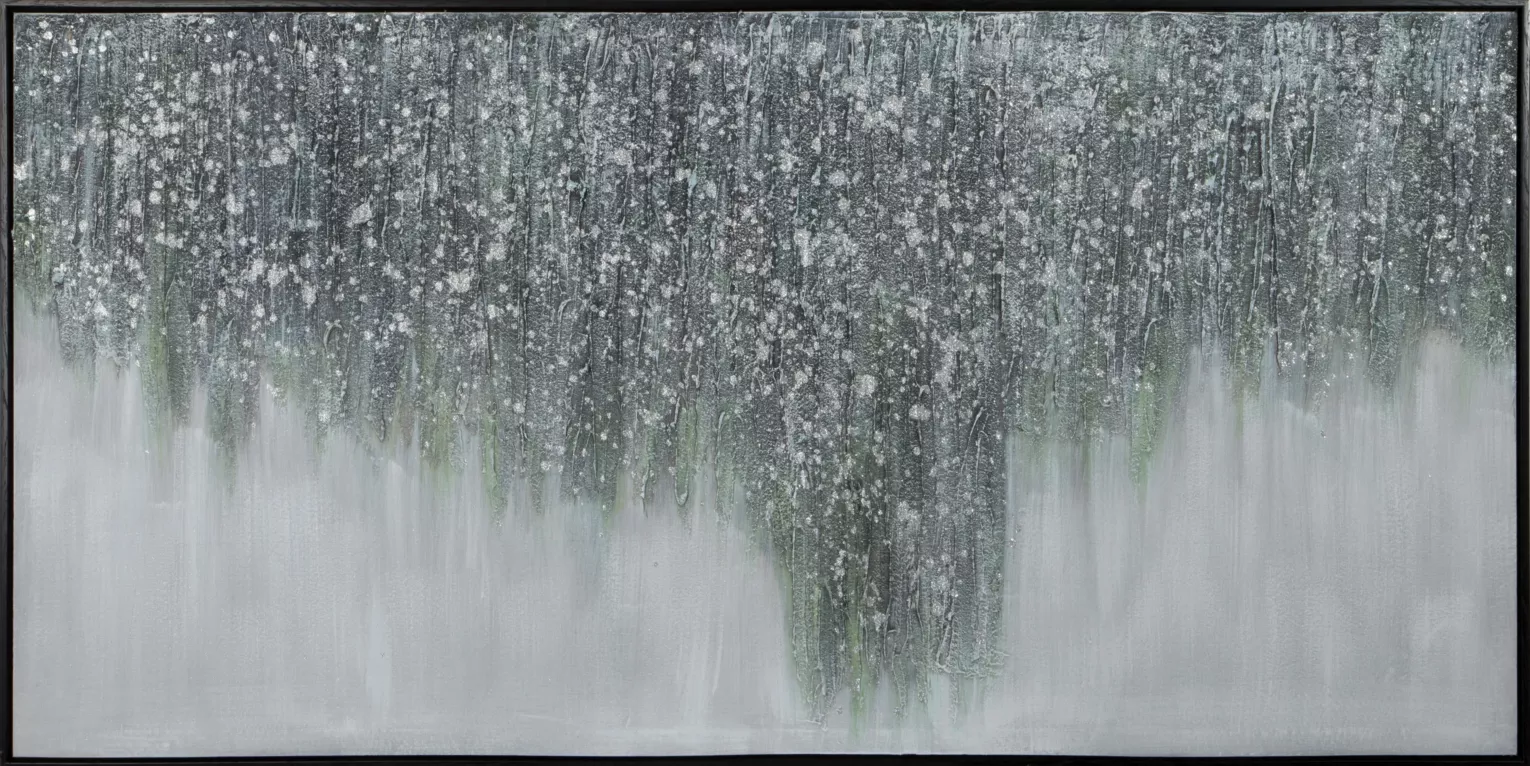 Obraz abstrakcja szaro, zielony ręcznie malowany na płótnie oprawiony w ramę 140x70 cm MIRAGE 2
