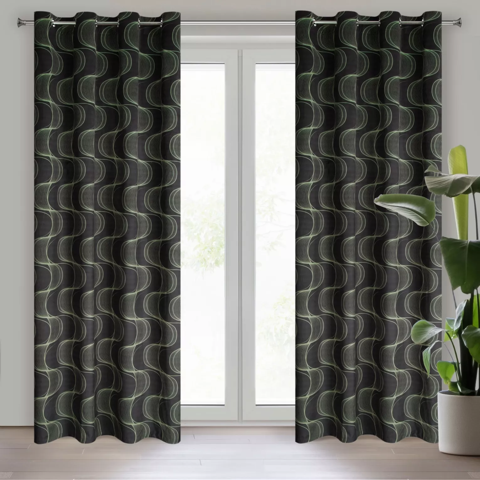Zasłona czarno, zielona z wzorem pionowych fal, z welwetu 140x250 cm przelotka POLA Eurofirany