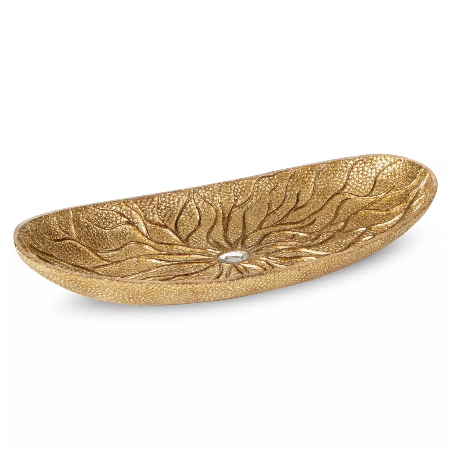 Patera dekoracyjna złota z delikatnym wzorem i kryształem 38x18x6 cm KIARA Eurofirany