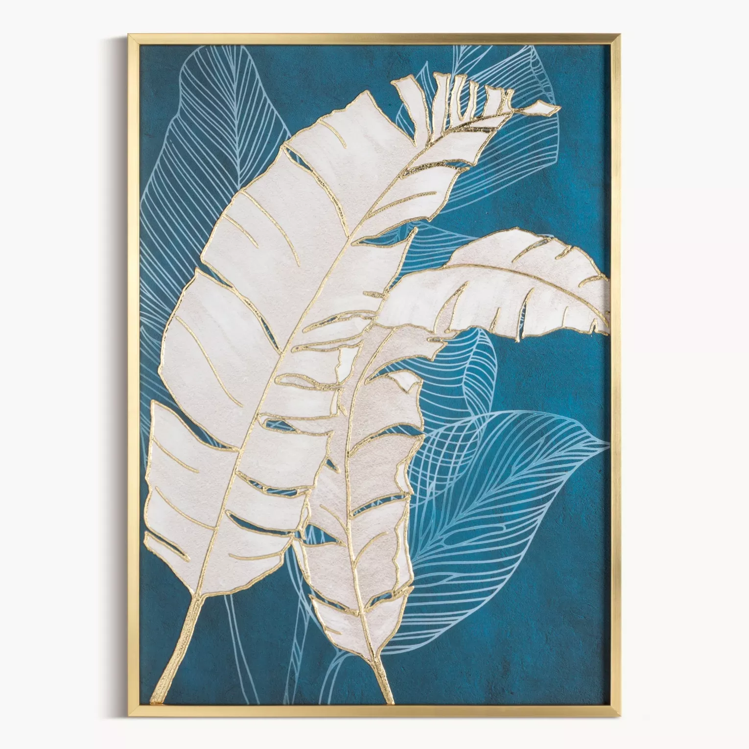 Obraz roślinny turkusowo, złoty nadruk na płótnie z liśćmi bananowca 50x70 cm Eurofirany