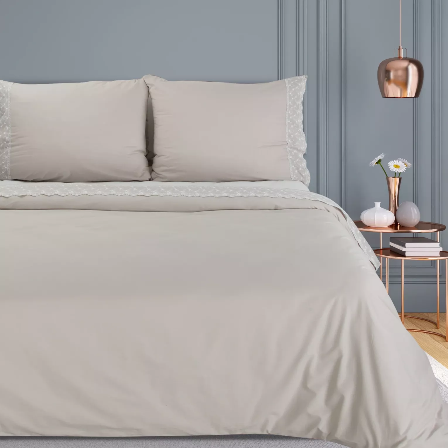 Pościel bawełniana 220x200 cm komplet 3 częściowy kolor beżowy z elegancką koronką Reina Line Eurofirany