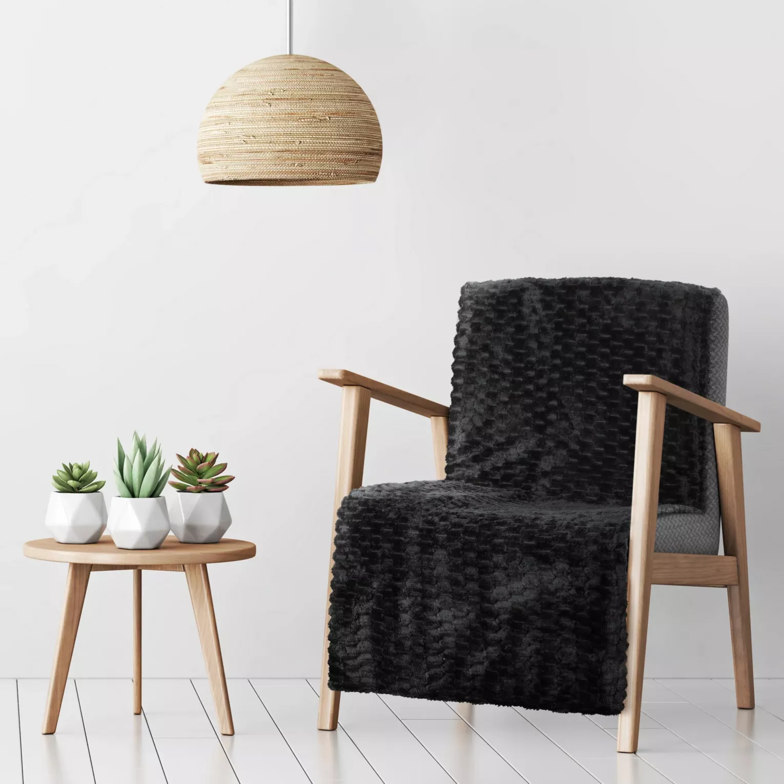 Narzuta na fotel-koc  70x160 cm czarna miękka w dotyku z wytłaczanym wzorem jodełki CINDY 5 DESIGN 91 Eurofirany