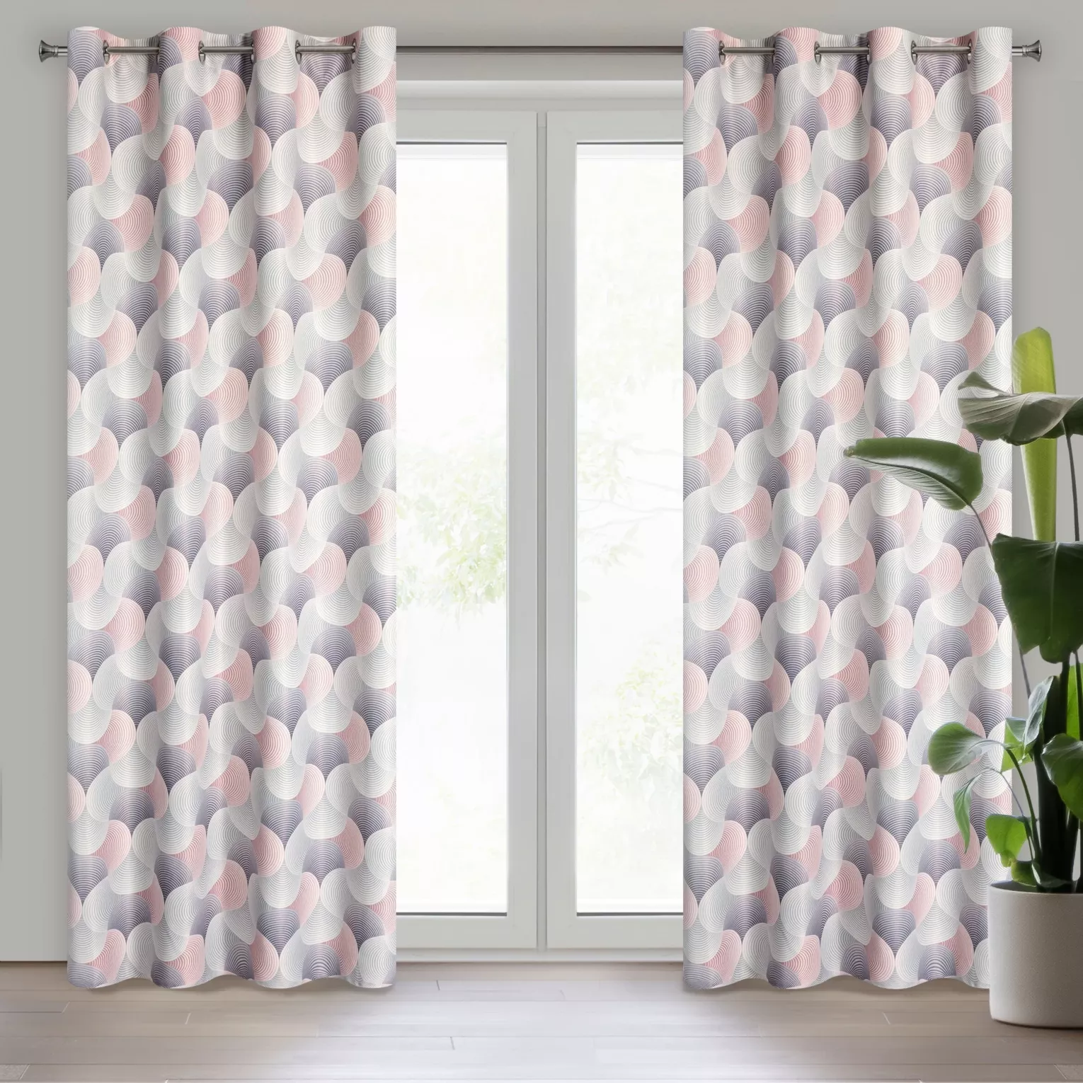 Zasłona szaro, różowa dimout z geometrycznym wzorem 140x250 cm przelotka ASETA Eurofirany