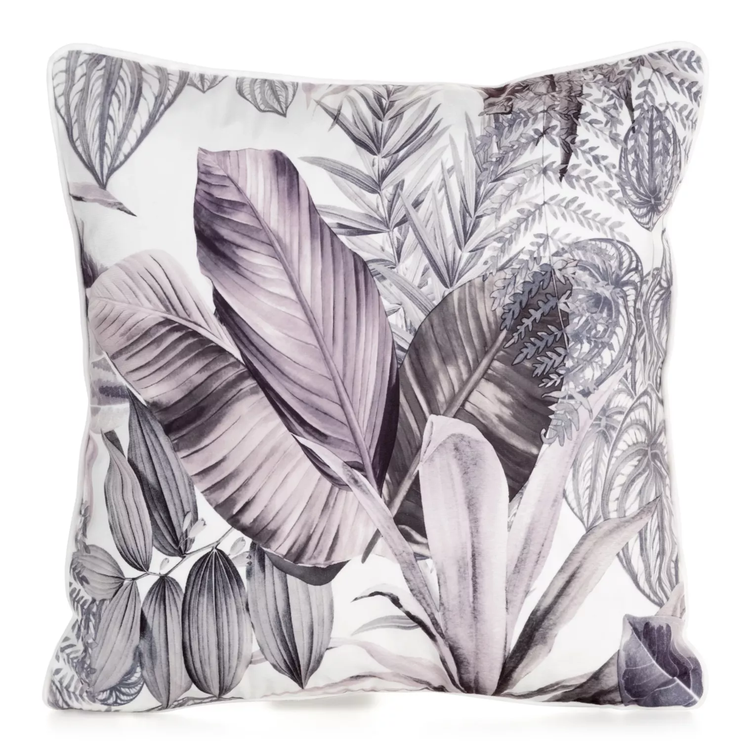 Poszewka na poduszkę 45x45 cm welwetowa poszewka zdobiona nadrukiem egzotycznych liści biało, fioletowa DAVOS DESIGN 91 Eurofirany