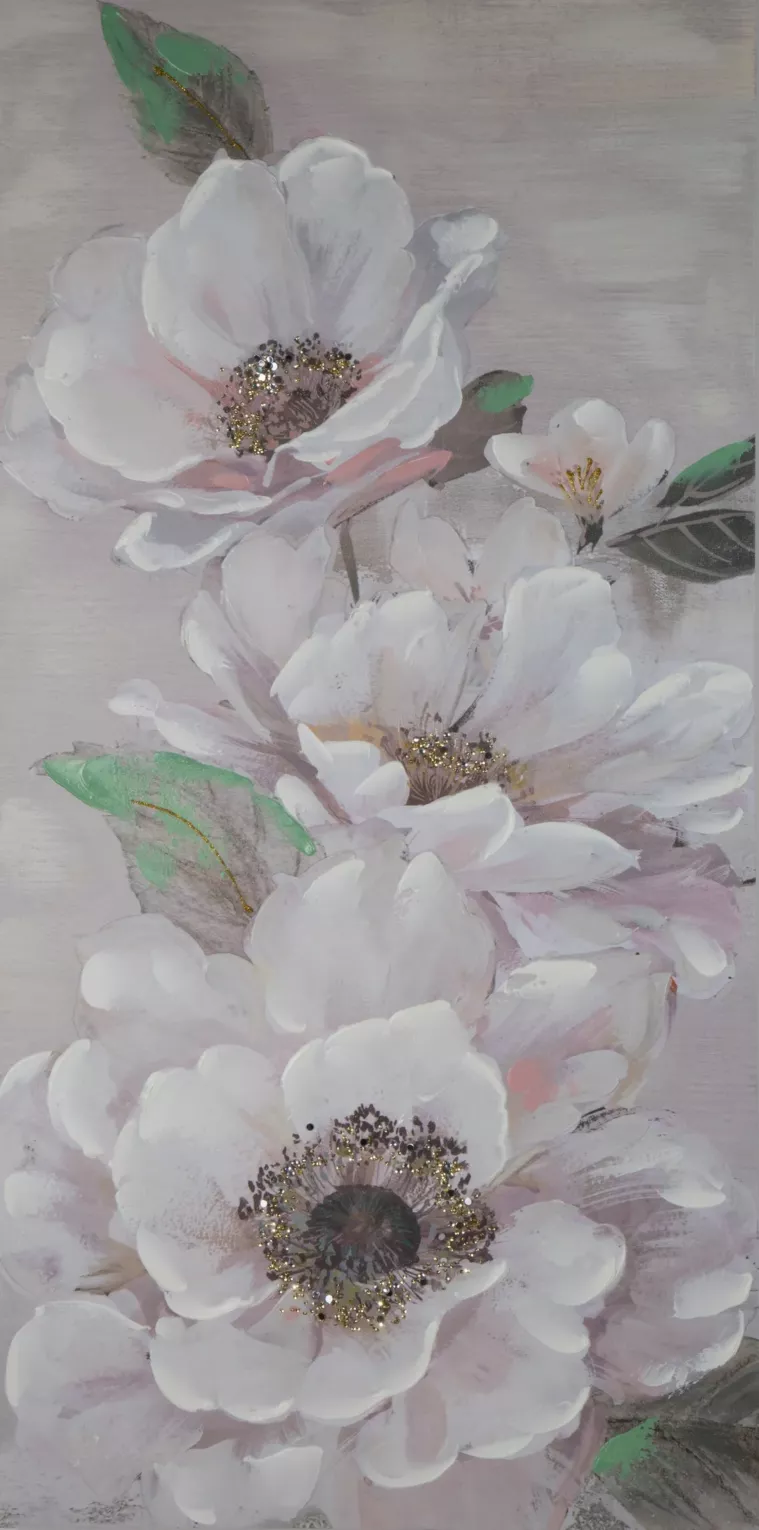 Obraz roślinny beżowo, zielony ręcznie malowany na płótnie 60x120 cm FLOWERY