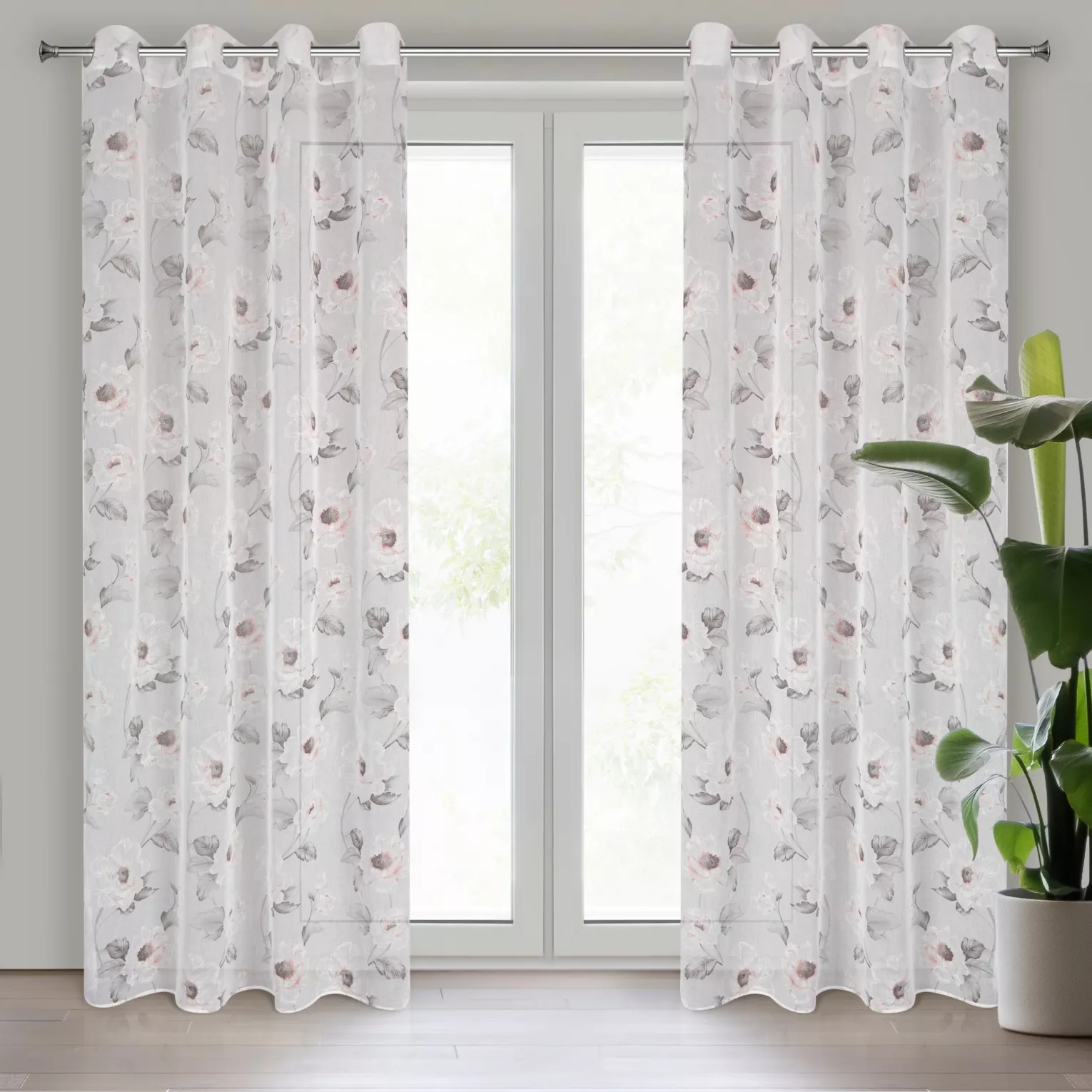Firana biało, różowa z matowej etaminy z kwiatowym motywem 140x250 cm przelotka BESSY Eurofirany