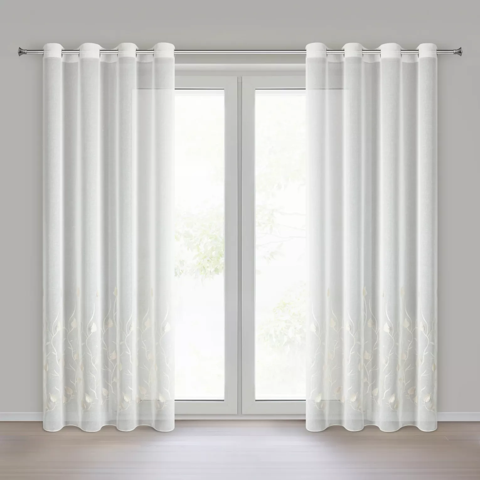 Firana biała z etaminy zdobiona haftem roślinnym 140x250 cm przelotka - BROKLYN Eurofirany
