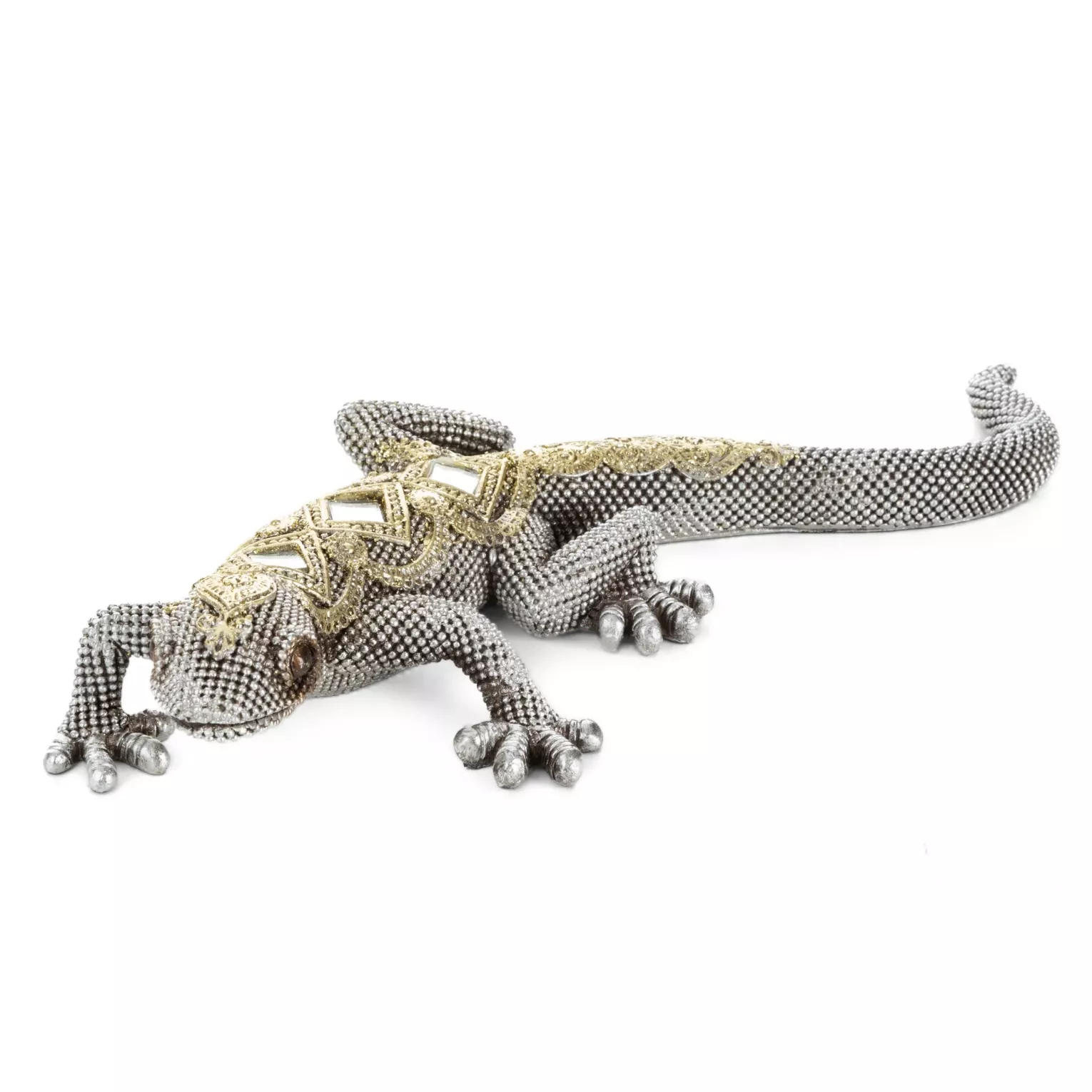 Figurka srebrno-złota jaszczurka o drobnym strukturalnym wzorze 25x11x5 cm GATOS Eurofirany