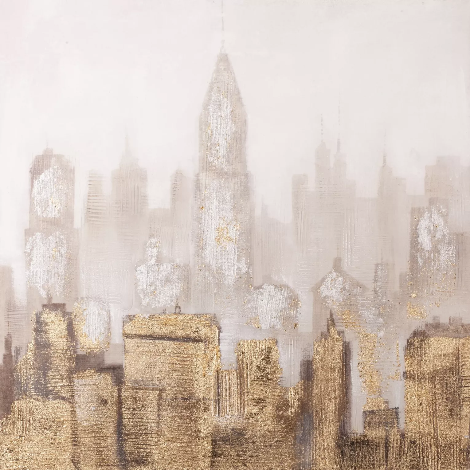 Obraz miasta beżowo, złoty ręcznie malowany na płótnie 80x80 cm METROPOLIS 1  Eurofirany