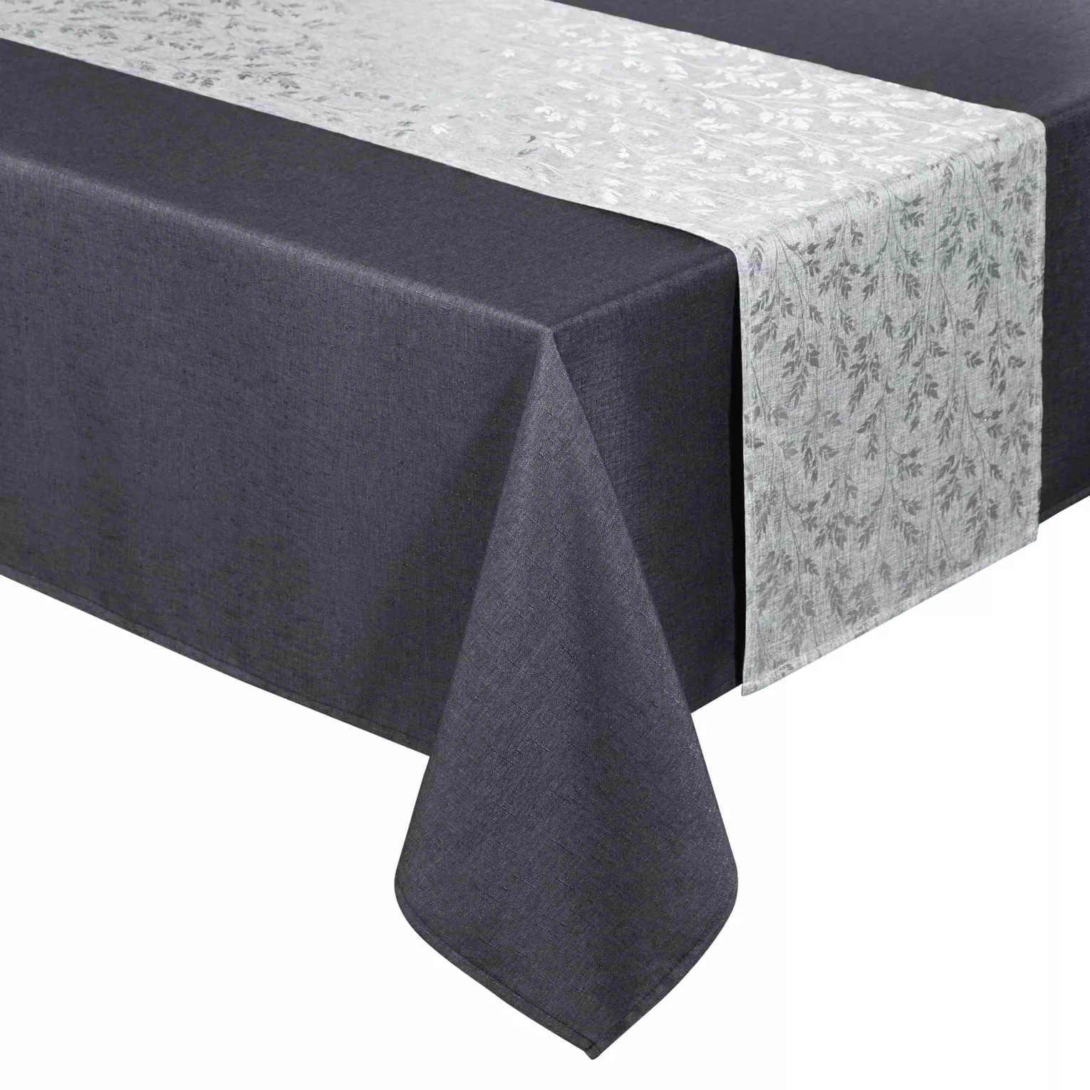 Komplet obrus z bieżnikiem stalowo, srebrny 140x260/33x260 cm ANITA 6 zdobiony subtelnym wzorem liści