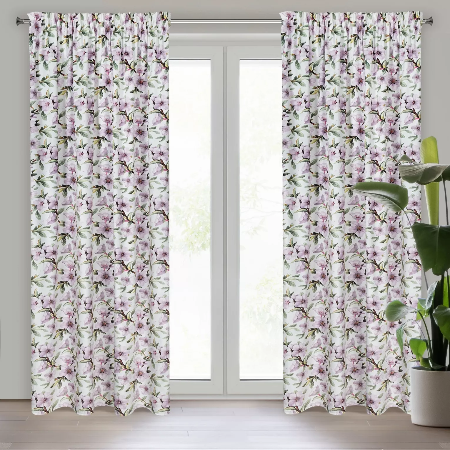 Zasłona biało, fioletowa z motywem kwiatowym z welwetu 140x270 cm taśma ARLETA Eurofirany