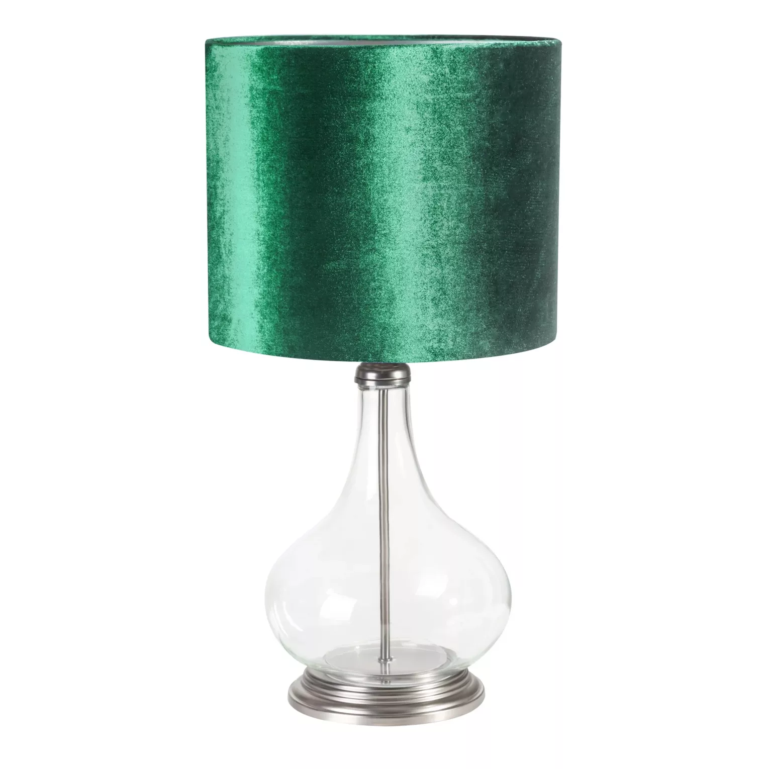 Lampa stołowa do pokoju ciemnozielona na podstawie z przezroczystego szkła ze szmaragdowym abażurem z lśniącego welwetu 32x16 cm KIM Eurofirany