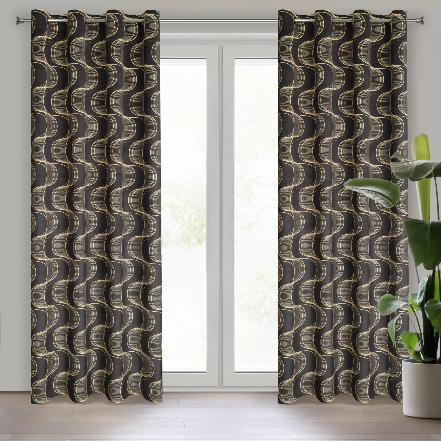 Zasłona czarno, beżowa z wzorem pionowych fal, z welwetu 140x250 cm przelotka POLA Eurofirany