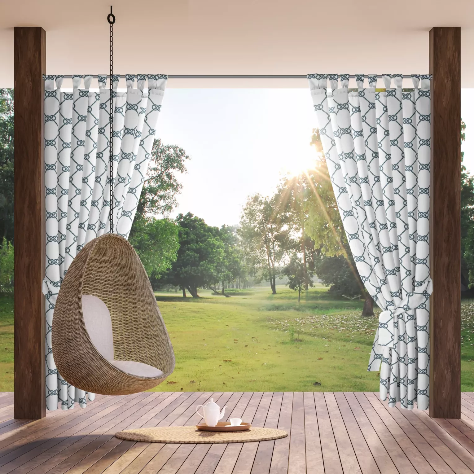 Zasłona biało, granatowa z wodoodpornej tkaniny idealna do ogrodu i na taras 155x200 cm szelki/rzep GARDEN Eurofirany
