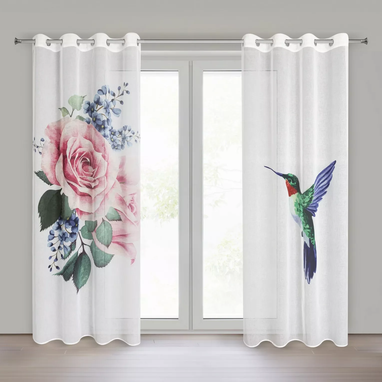 Komplet zasłon 2 szt biało, różowych zdobione motywem roślinnym, z etaminy 140x260 cm przelotka LIA Eurofirany