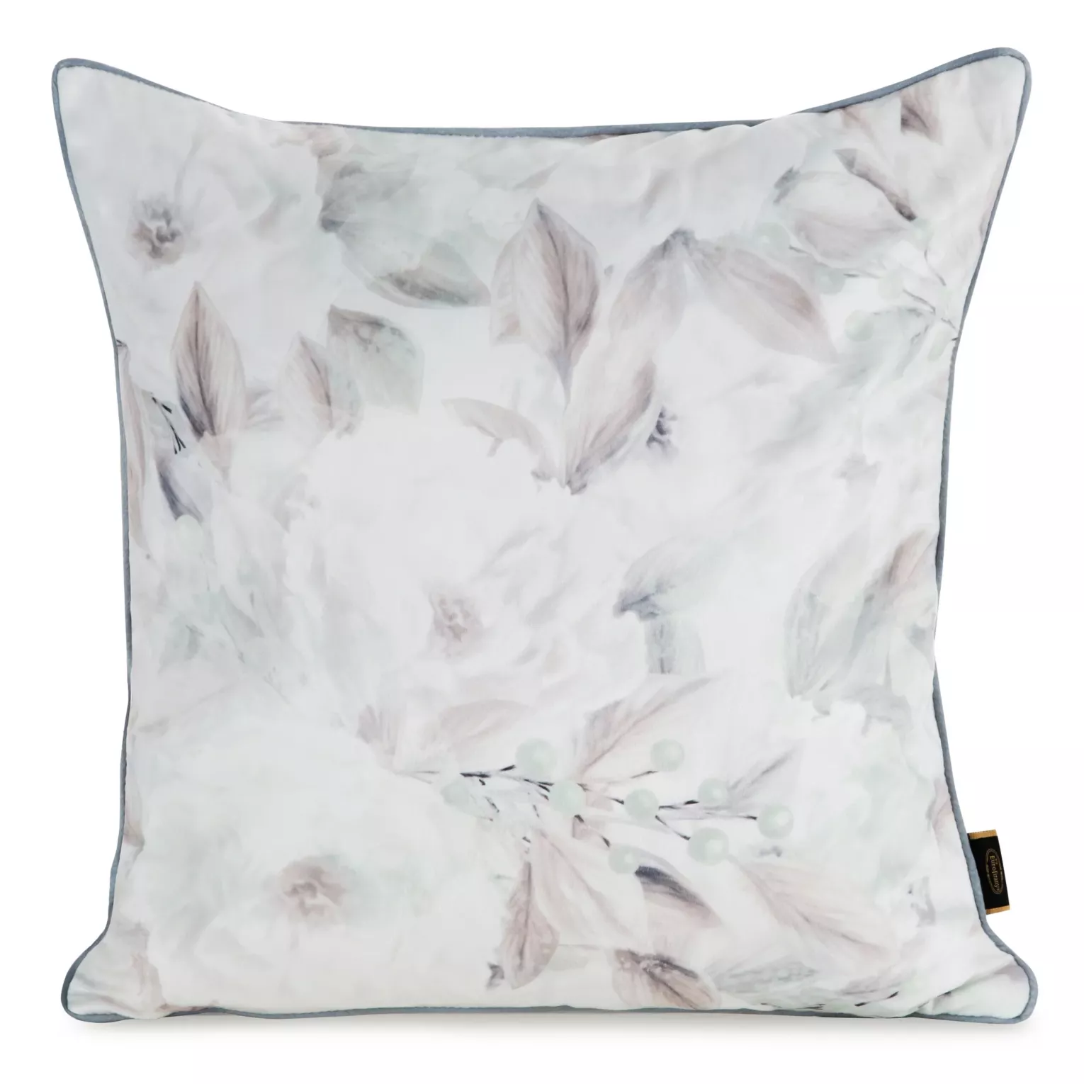 Poszewka na poduszkę 45x45 cm welwetowa z nadrukiem pastelowych kwiatów i ozdobną kontrastującą wypustką biało, bezowa VELVET 148 EUROFIRANY PREMIUM