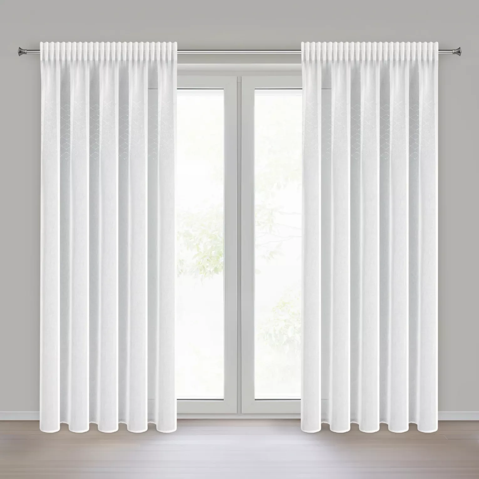 Firana biała z delikatnej etaminy zdobiona błyszczącym pasem kryształków 140x270 cm taśma KLOE Eurofirany