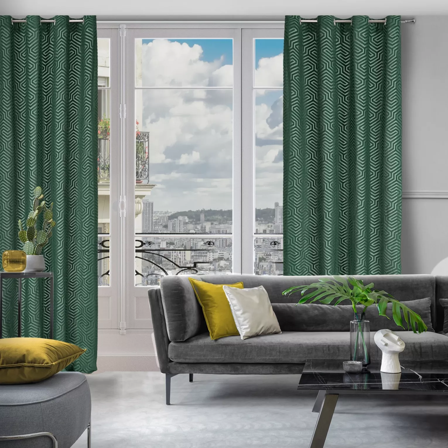 Zasłona ciemnozielona we wzór geometryczny z tkaniny welwetowej 140x250 przelotka INGA Pierre Cardin Eurofirany