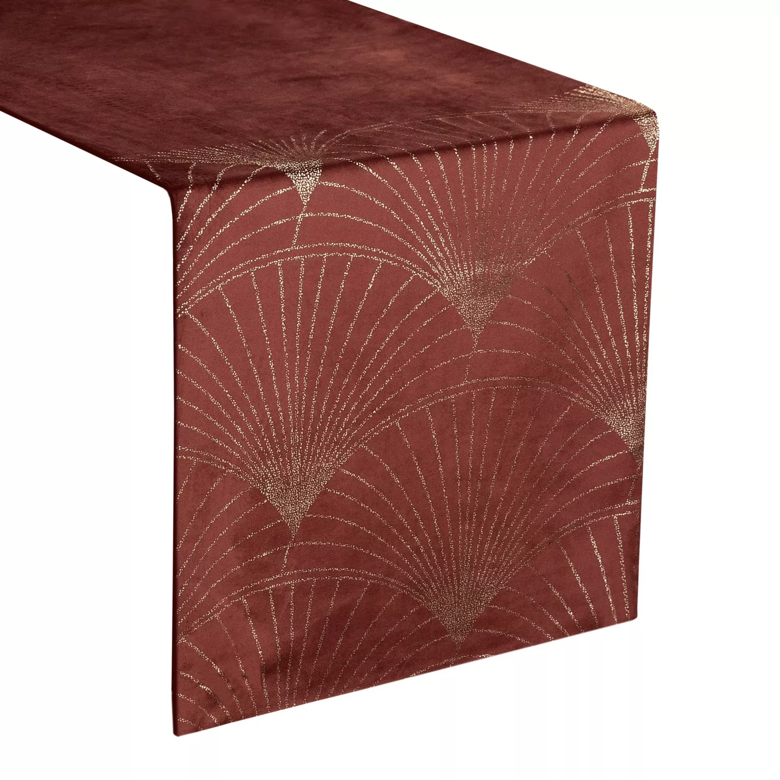 Bieżnik na stół ceglasto, złoty 35x220 cm welwetowy BLINK 14 z dużym wzorem wachlarzy w stylu art deco