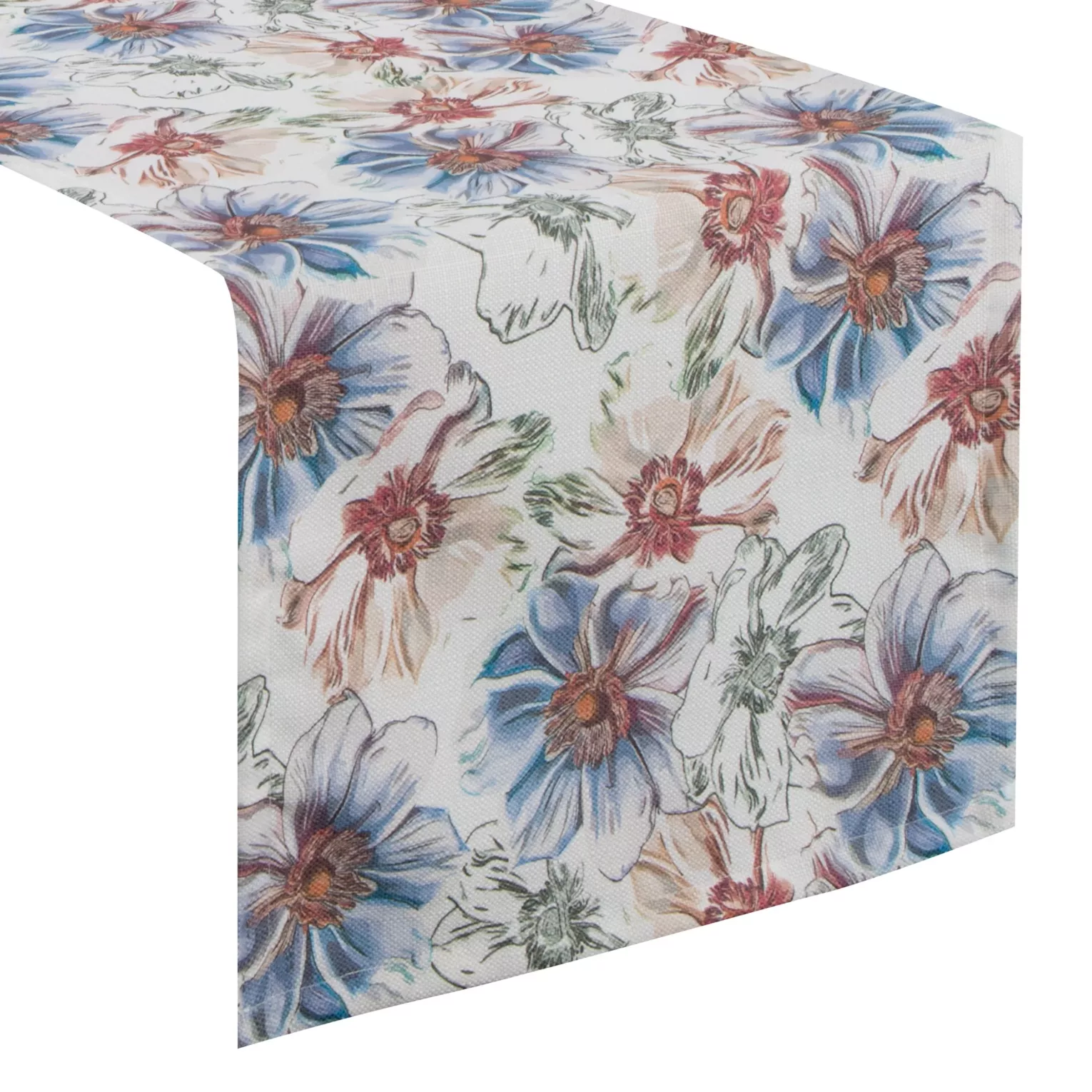 Bieżnik na stół biało, niebieski 40x180 cm z tkaniny strukturalnej FLORE 7 z nadrukiem barwnych kwiatów