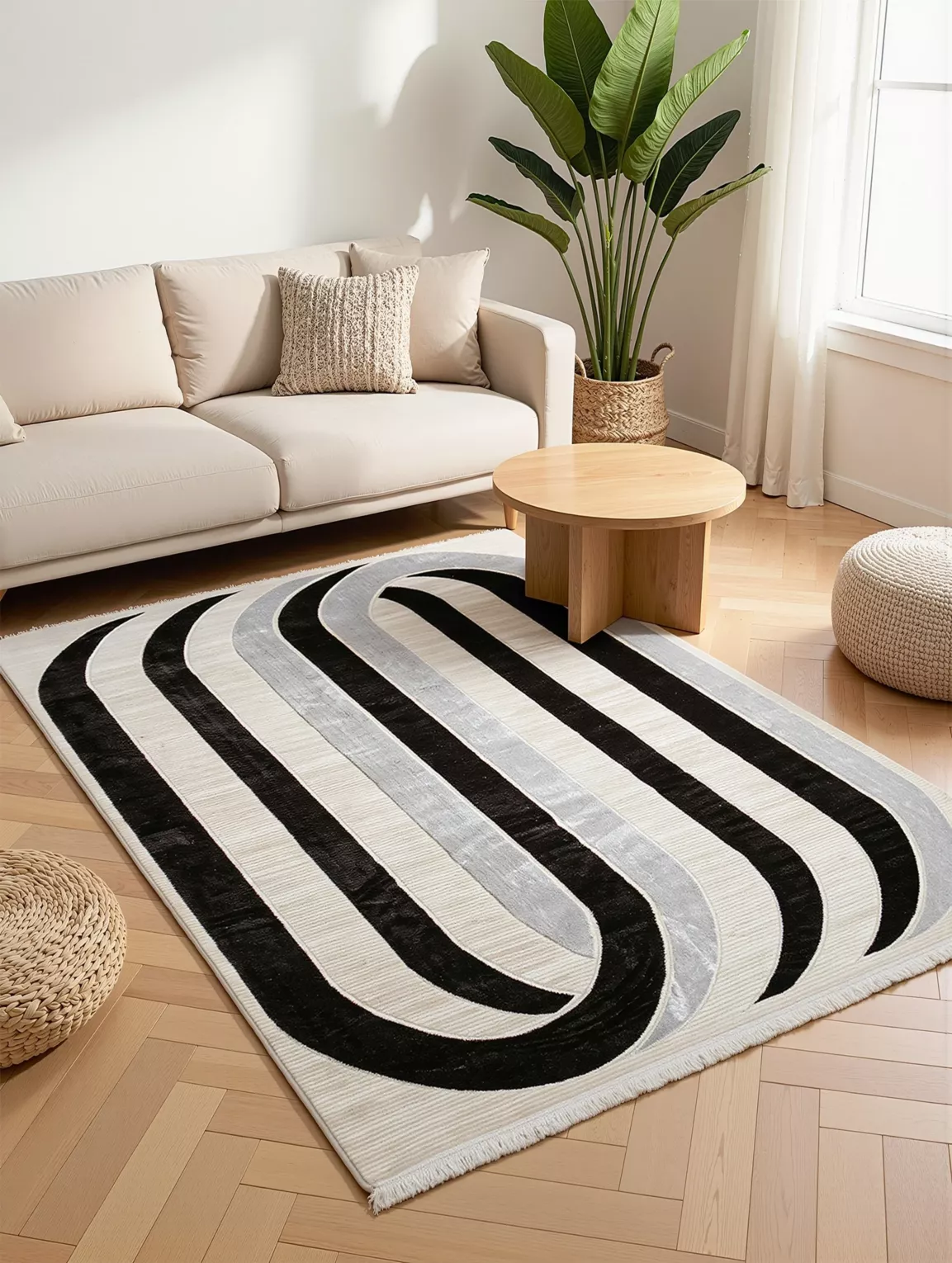 Dywan 60x100 cm kremowo, czarny zdobiony designerskim wzorem AURA 5  Eurofirany