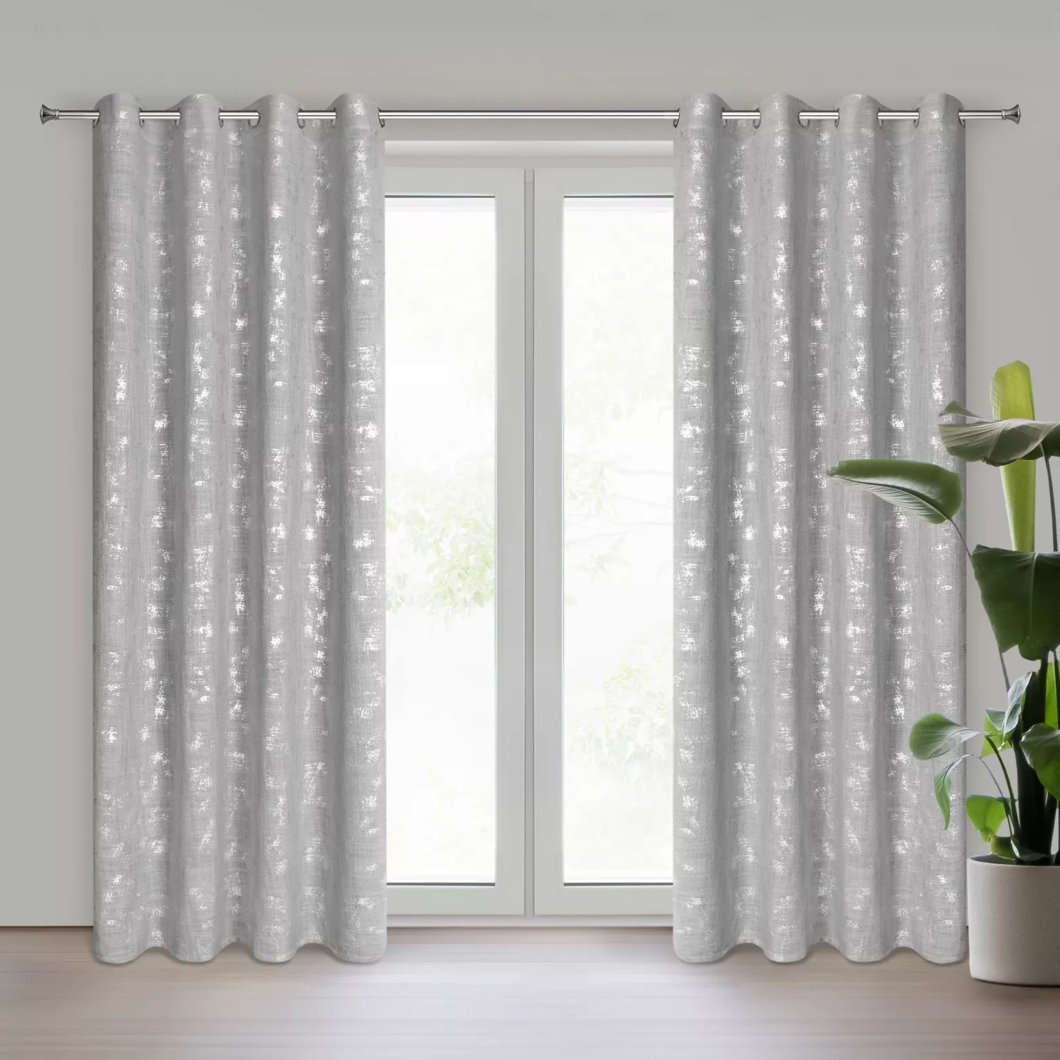 Zasłona srebrna z błyszczącym nadrukiem w stylu eko 140x250 cm przelotka SOLANA Eurofirany