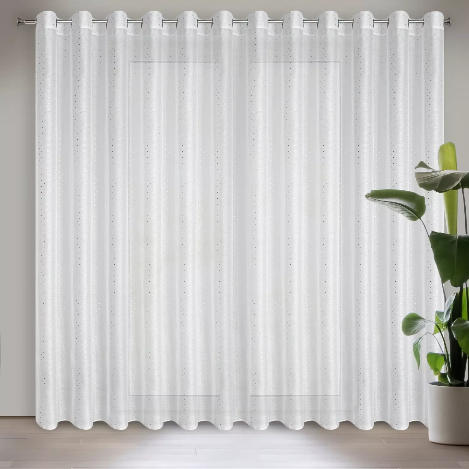 Firana biała z srebrnym nadrukiem drobnych kwadracików 300x250 cm przelotka SIBEL Eurofirany