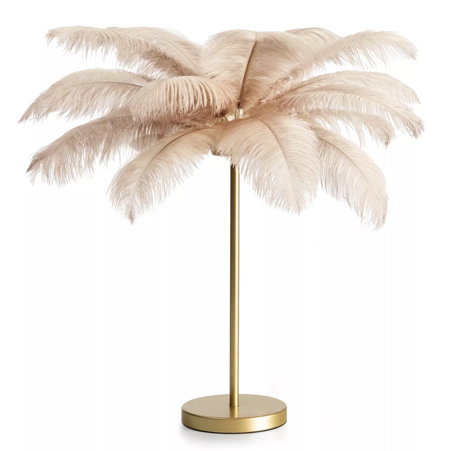Lampa stojąca do salonu beżowo, szampańska FERI na metalowej podstawie z niezwykle efektownym abażurem z naturalnych strusich piór 65 x 65 x 68 cm FERI  Eurofirany