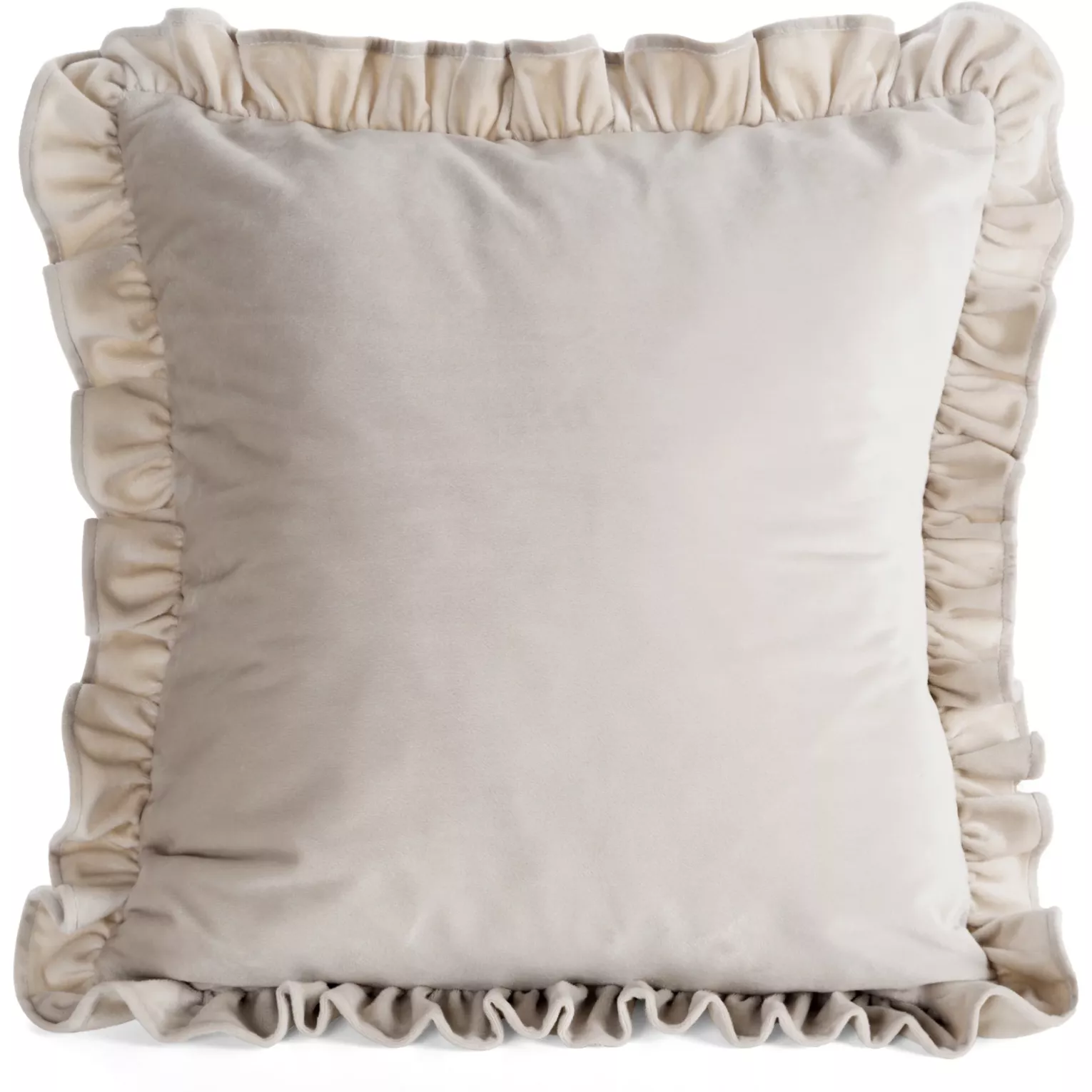 Poszewka na poduszkę 45x45 cm z aksamitnego welwetu zdobiona na brzegach falbanami beżowa BRENDA EUROFIRANY PREMIUM