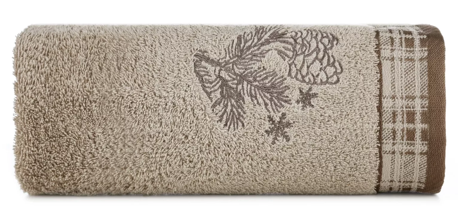 Ręcznik kąpielowy świąteczny 70x140 cm bawełniany kolor jasnobeżowy z żakardową bordiurą i haftowanymi śnieżynkami 480 g/m2 HOLLY Eurofirany