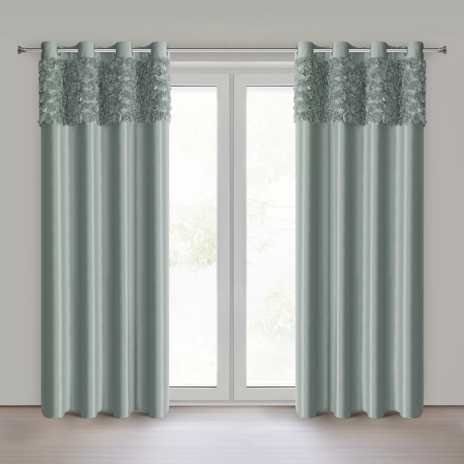 Zasłona miętowa z welwetu zdobiona aplikacją 3D róż 140x250 cm przelotka - ROSES Eva Minge Eurofirany