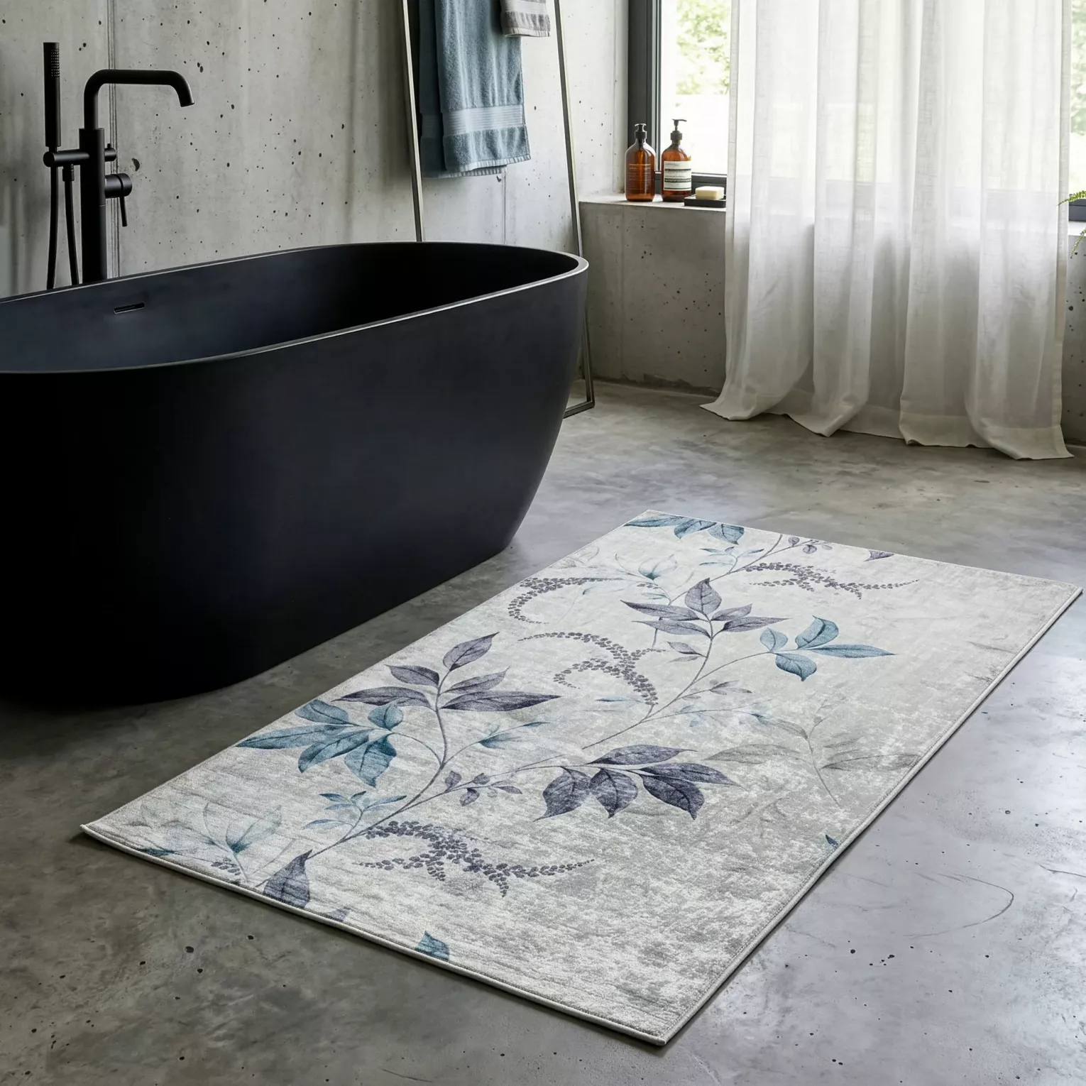 Dywan 50x80 cm kremowo, niebieski zdobiony motywem roślinnym LOTUS 6  Eurofirany