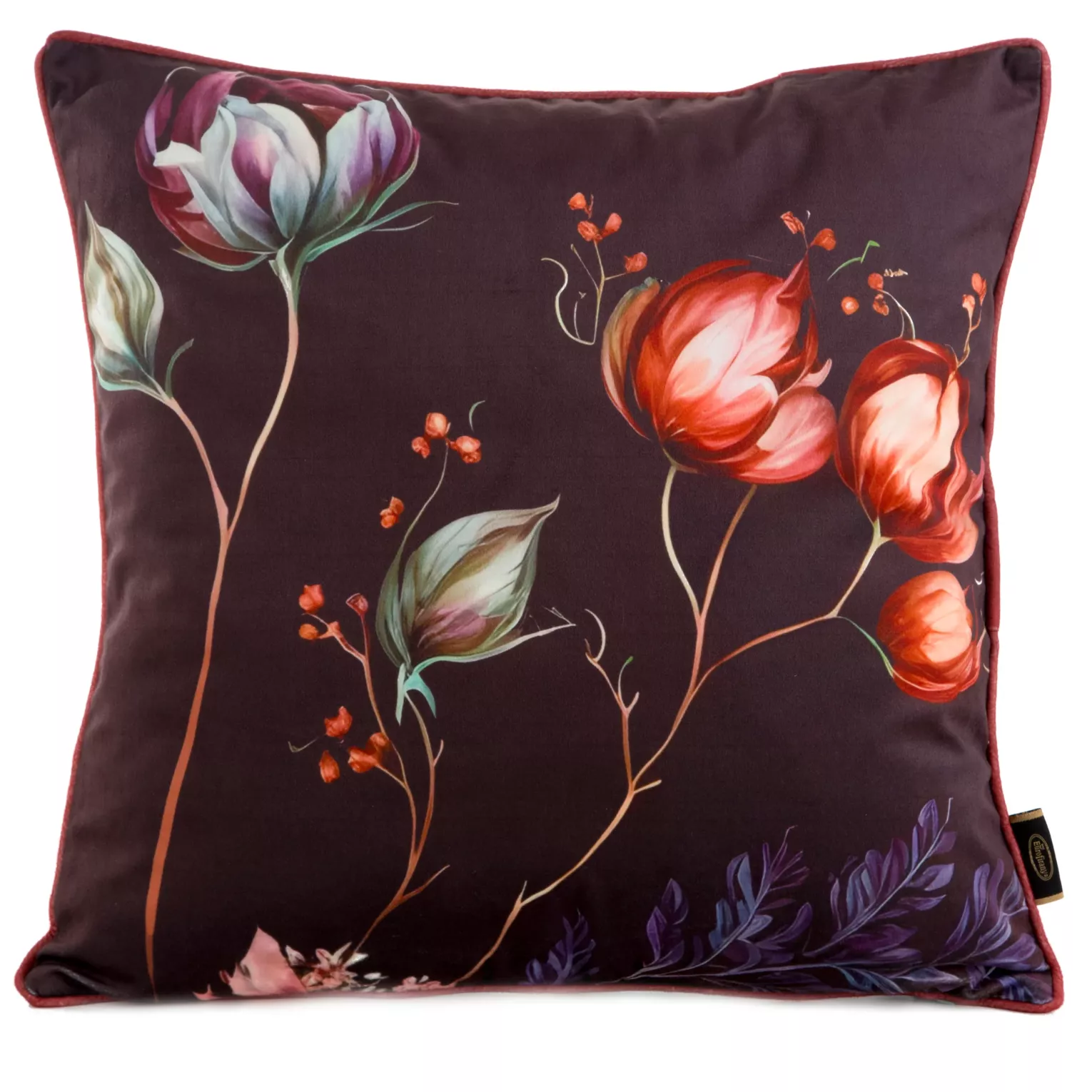 Poszewka na poduszkę 45x45 cm welwetowa, dwustronna z motywem kwiatów z wypustką na brzegach bordowo, turkusowa VELVET 130 EUROFIRANY PREMIUM