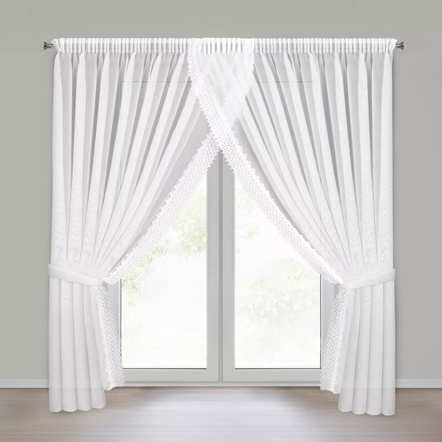 Firana biała z etaminy zdobiona koronką 400x250 cm troczek w zestawie, taśma - HESTIA Eurofirany