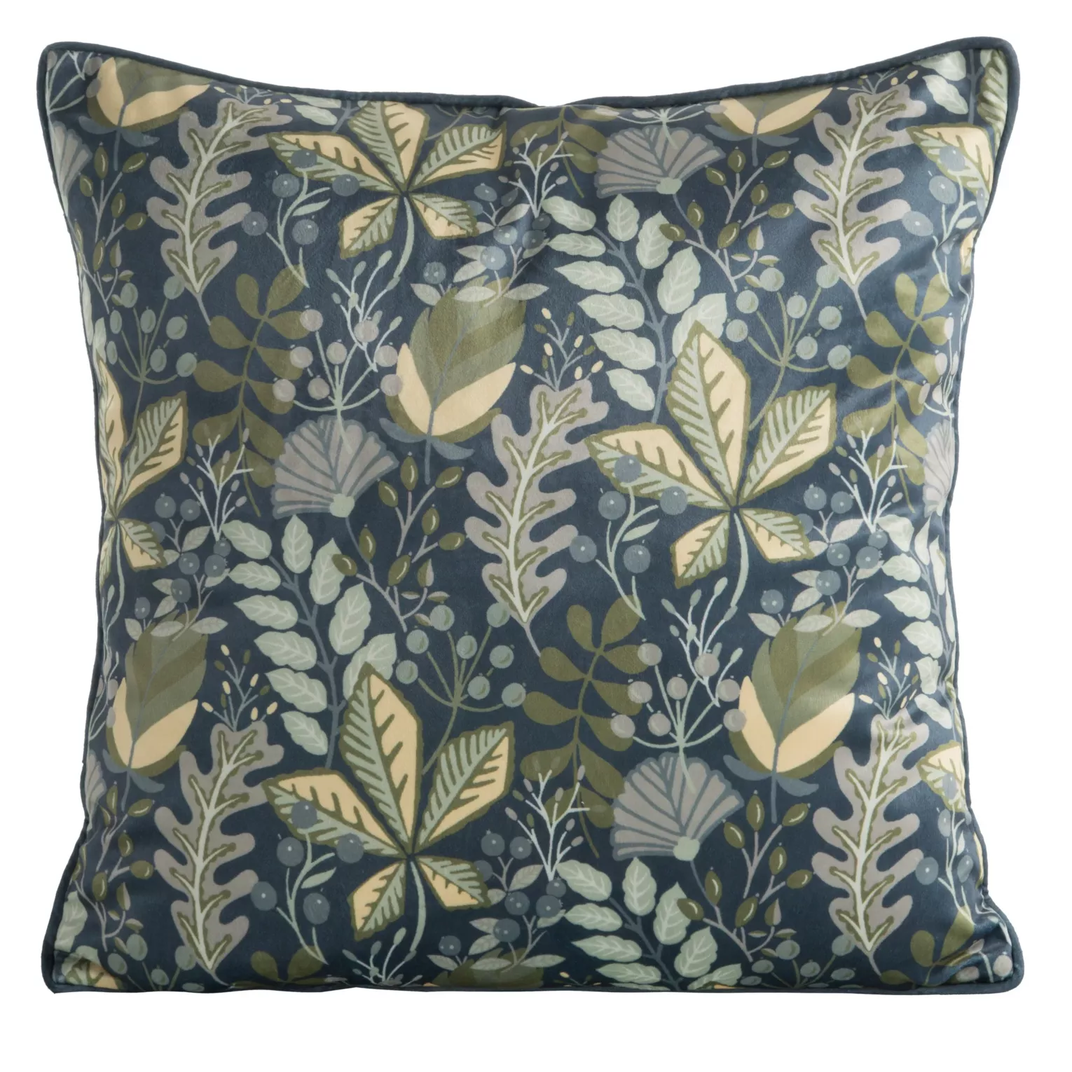 Poszewka na poduszkę 45x45 cm welwetowa zdobiona nadrukiem liści i elegancką lamówką na brzegach granatowo, zielona VELVET 107 Eurofirany