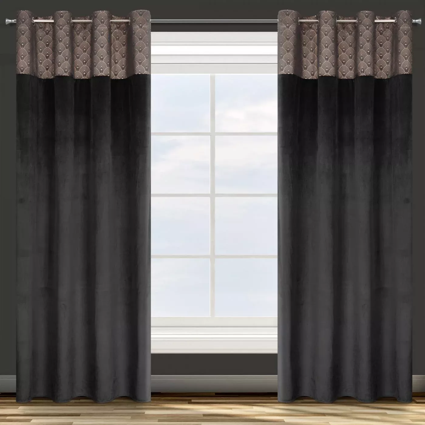 Zasłona czarna z aplikacją z błyszczącego welwetu 140x250 cm przelotka AGNES Design 91 Eurofirany